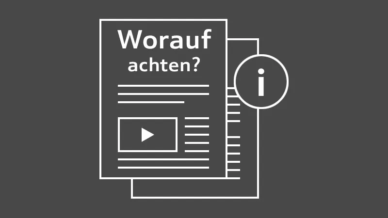 Graphic icon of a document with text, a play button, and an information ('i') symbol, with the title "Worauf achten?"
