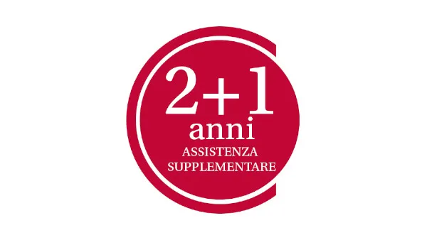 Logo circolare rosso con testo "2+1 anni" e "ASSISTENZA SUPPLEMENTARE". 