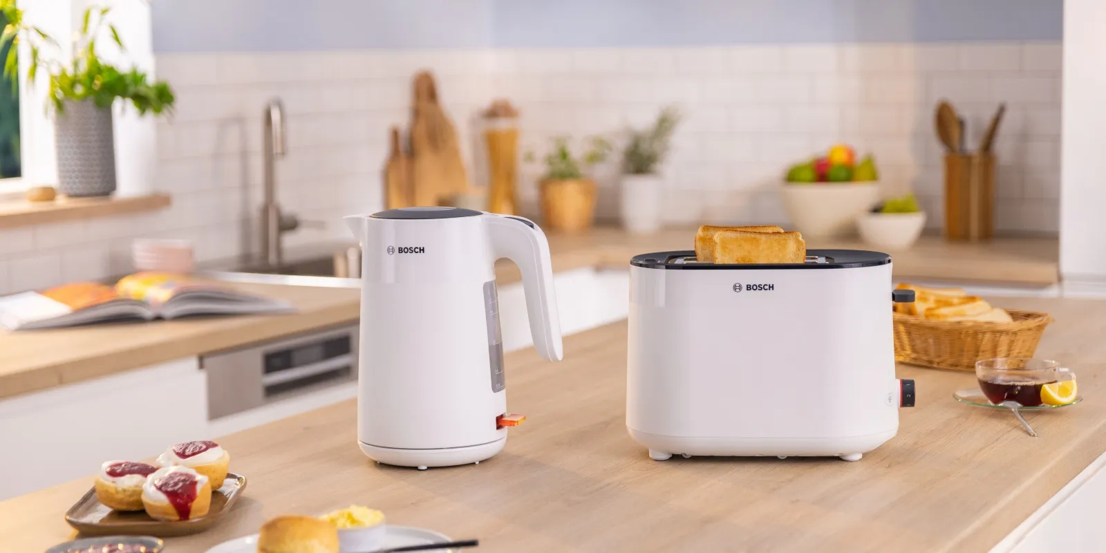White Kettle and Toaster on a kitchen countertop