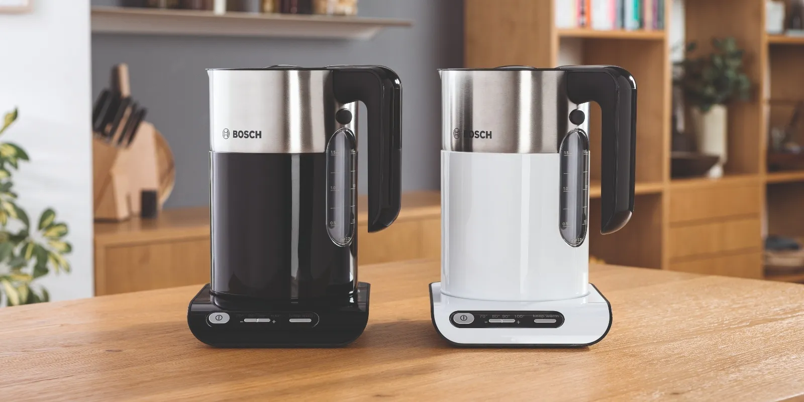 Styline kettles in white and black on countertop