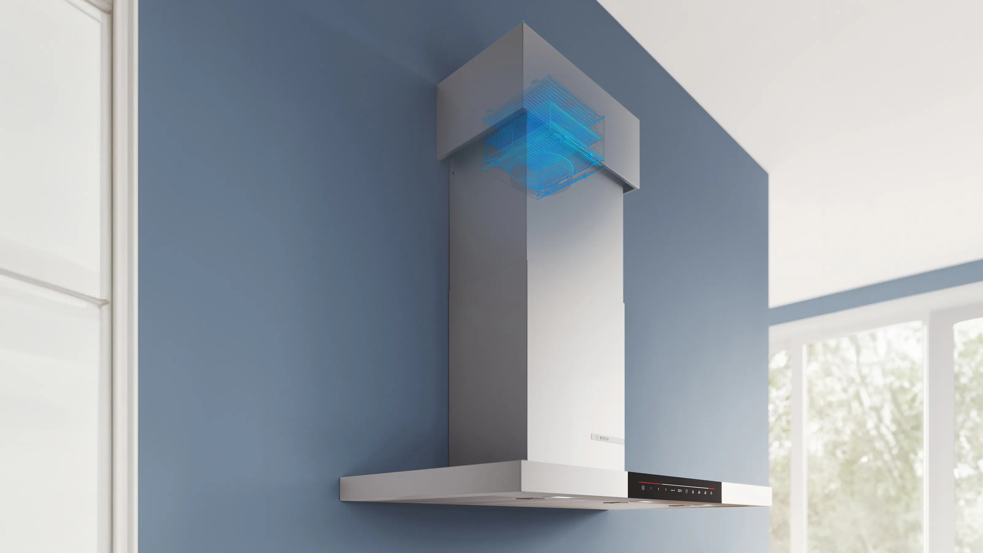 Modern kitchen exhaust fan with blue LED lighting against gray wall.