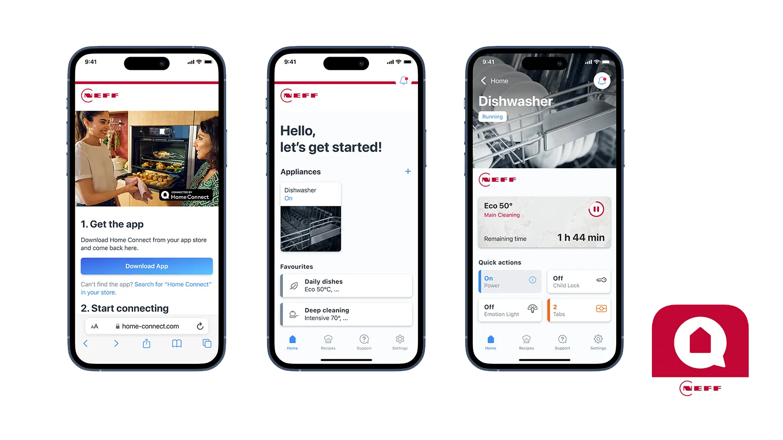 Tre smartphones som visar NEFF Home Connect App