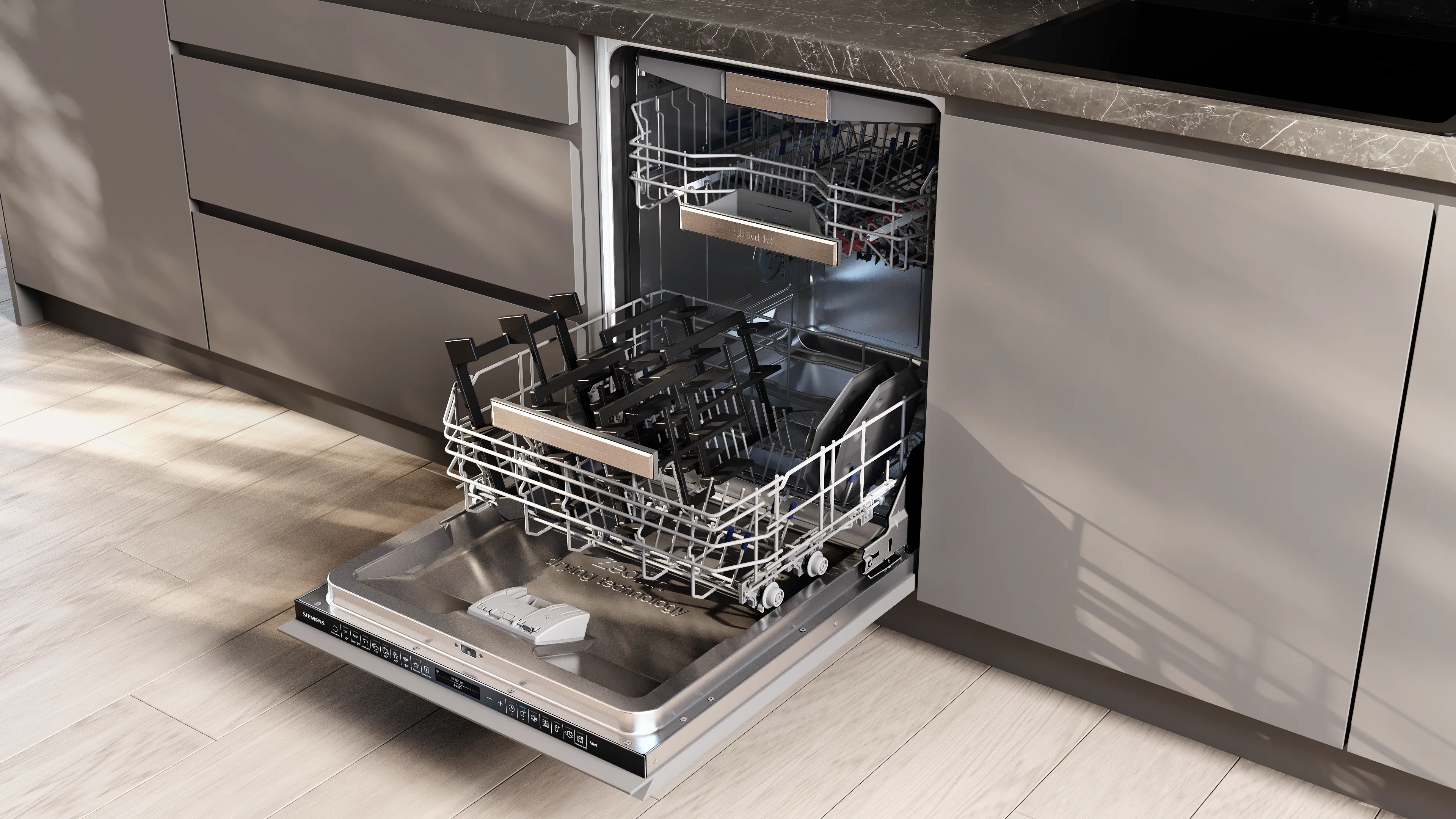 Lavastoviglie da incasso con sportello aperto e cestelli interni visibili in cucina moderna.