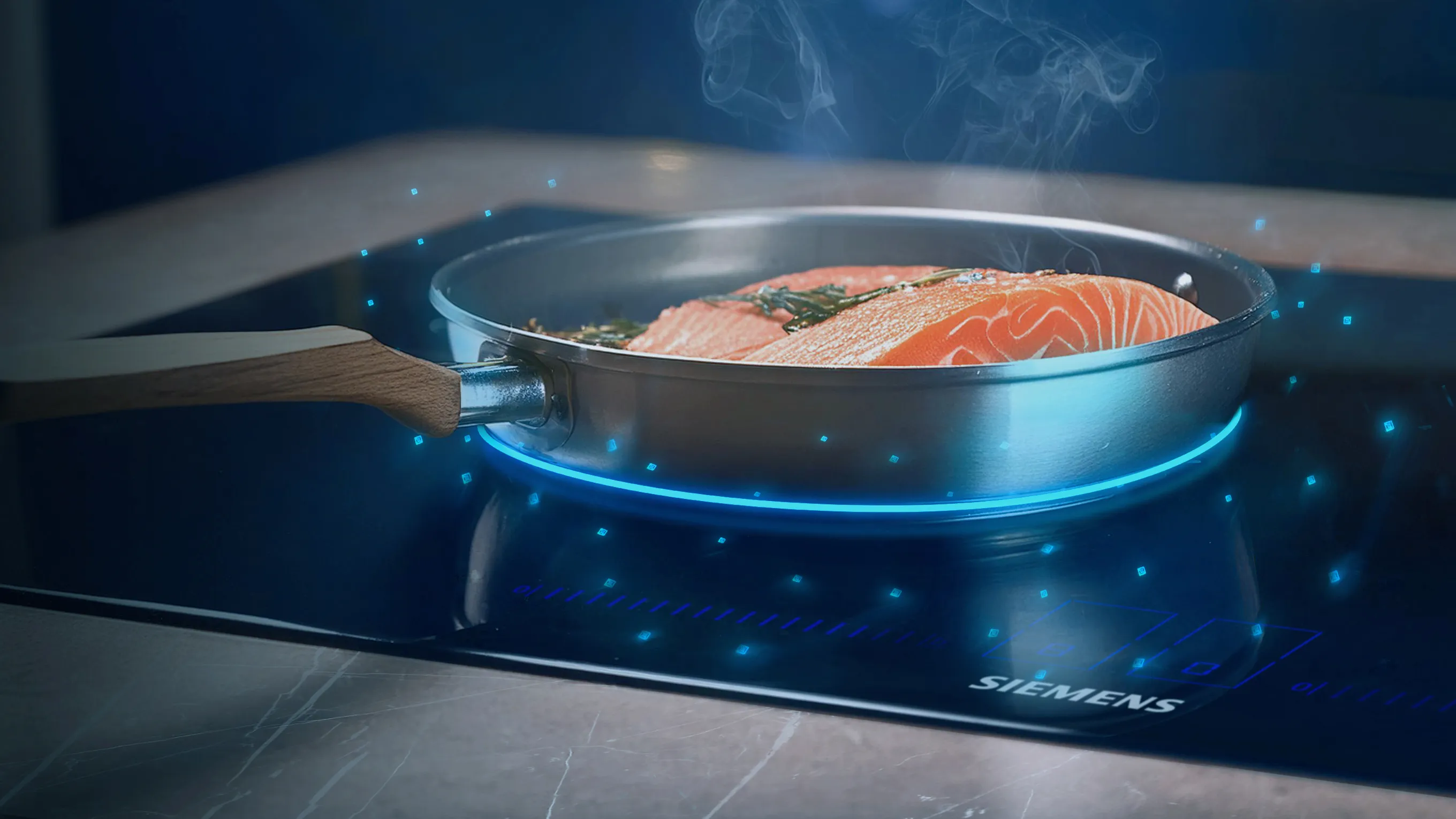 Salmon cooking in pan with frying sensor