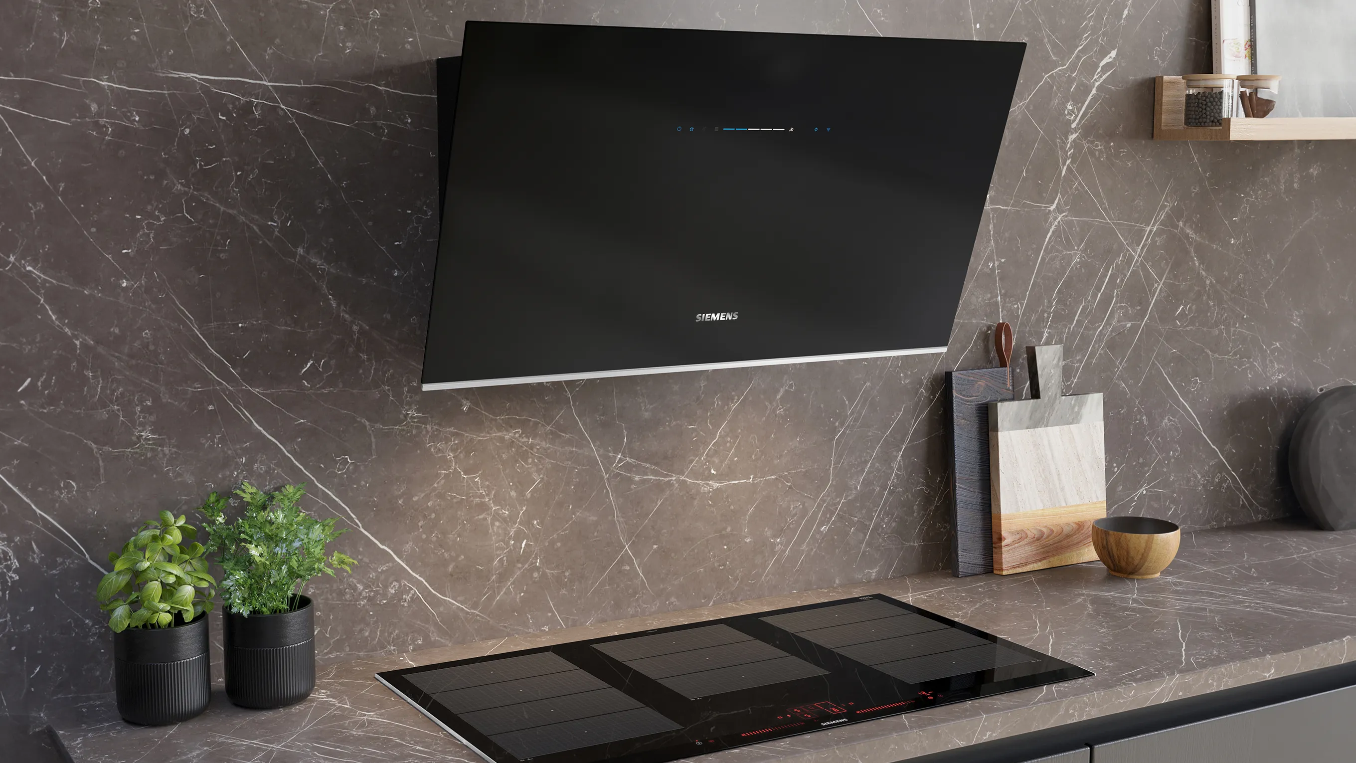 Minimalist kitchen counter with mounted hood