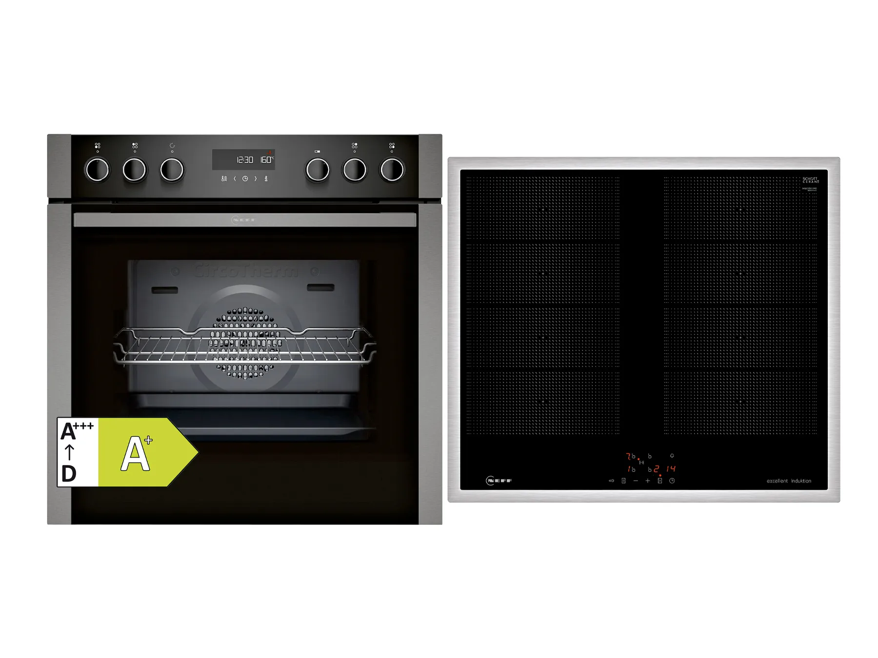 Schwarzer Backofen mit Digitalanzeige und Bedienknöpfen auf der linken Seite, kombiniert mit einem eleganten schwarzen Induktionskochfeld auf der rechten Seite.