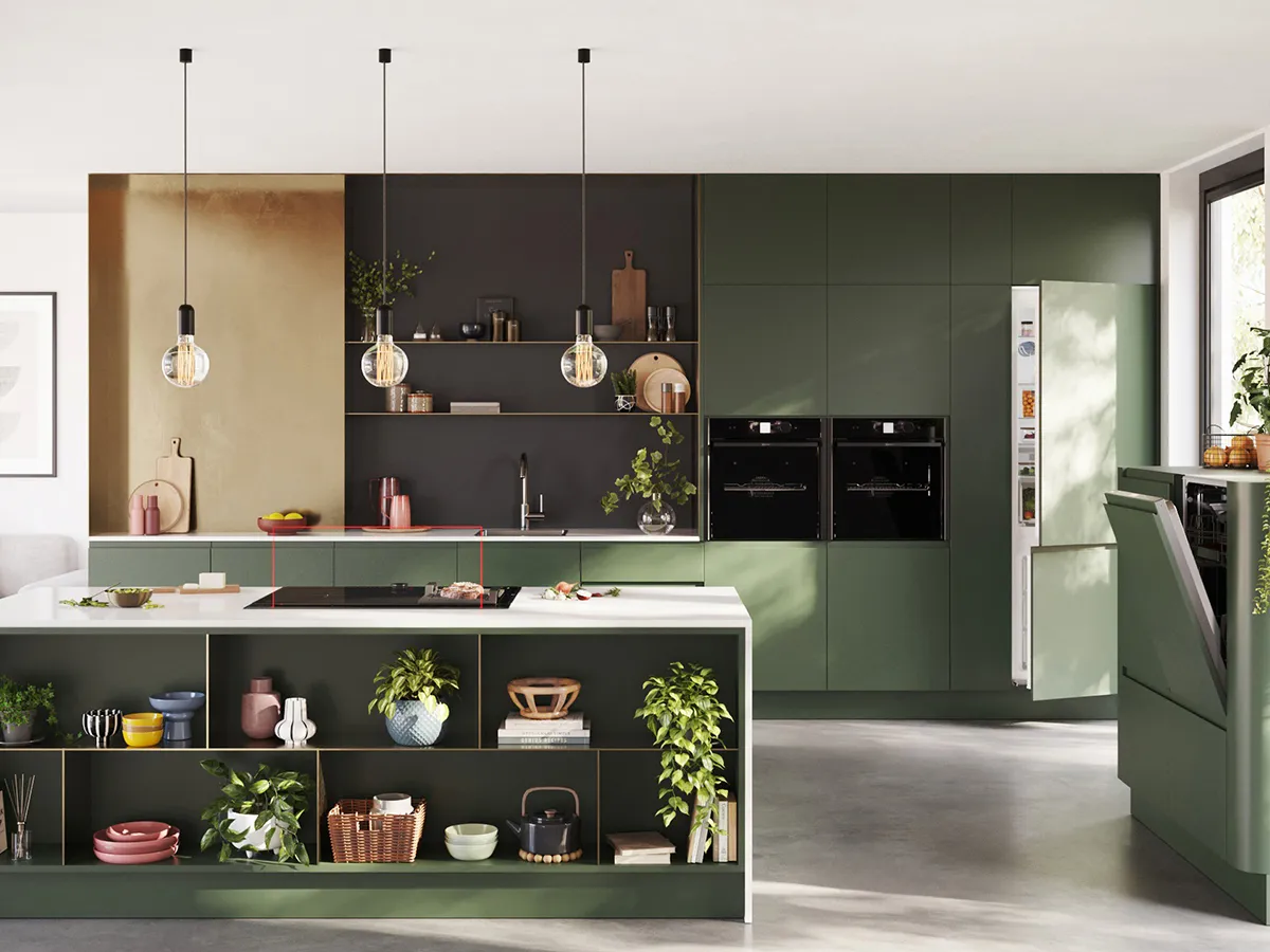 Modern kitchen with dark green cabinets, open shelving, pendant lights, and appliances.
