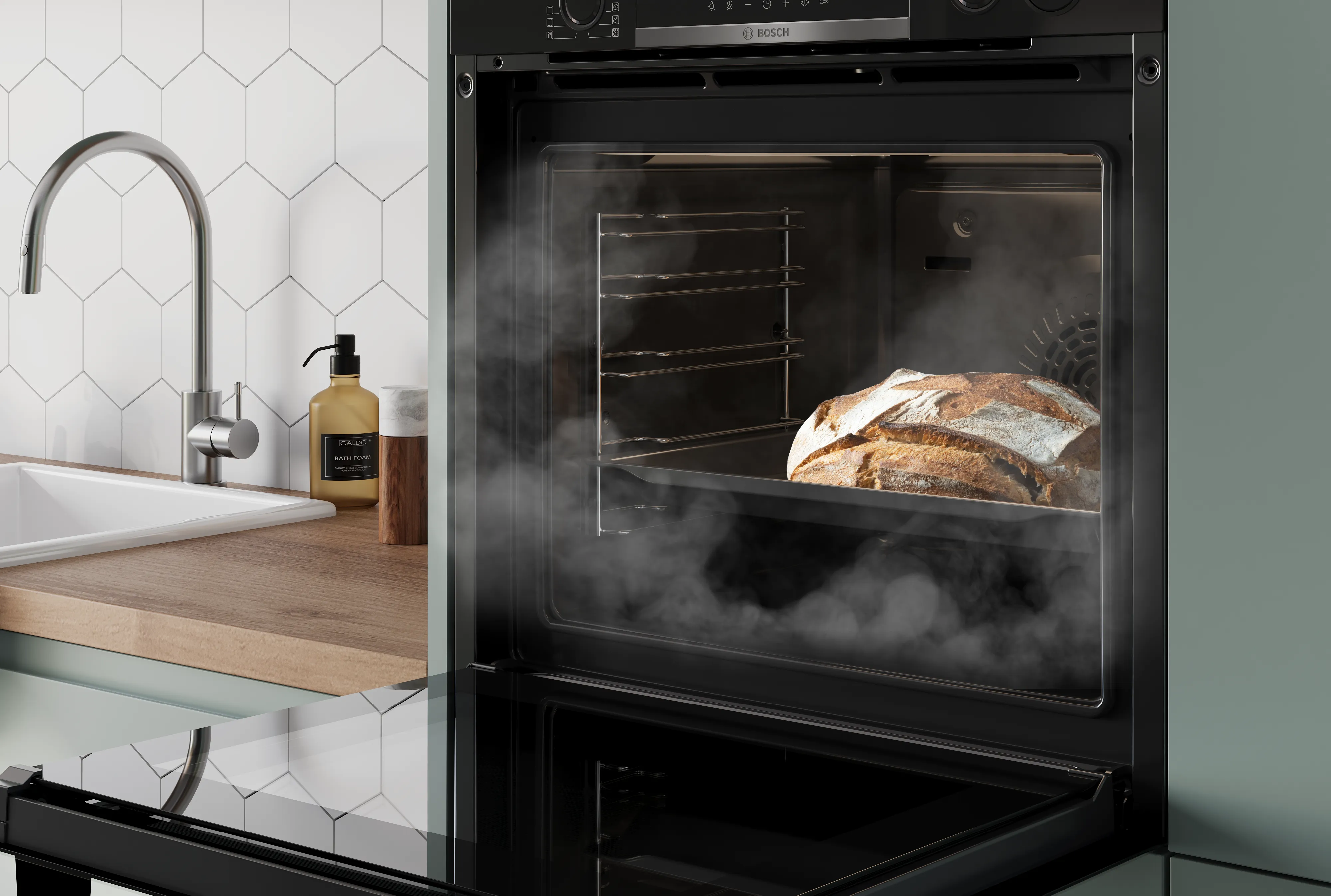 Otwarty piekarnik do zabudowy, w nim chleb i unosząca się para