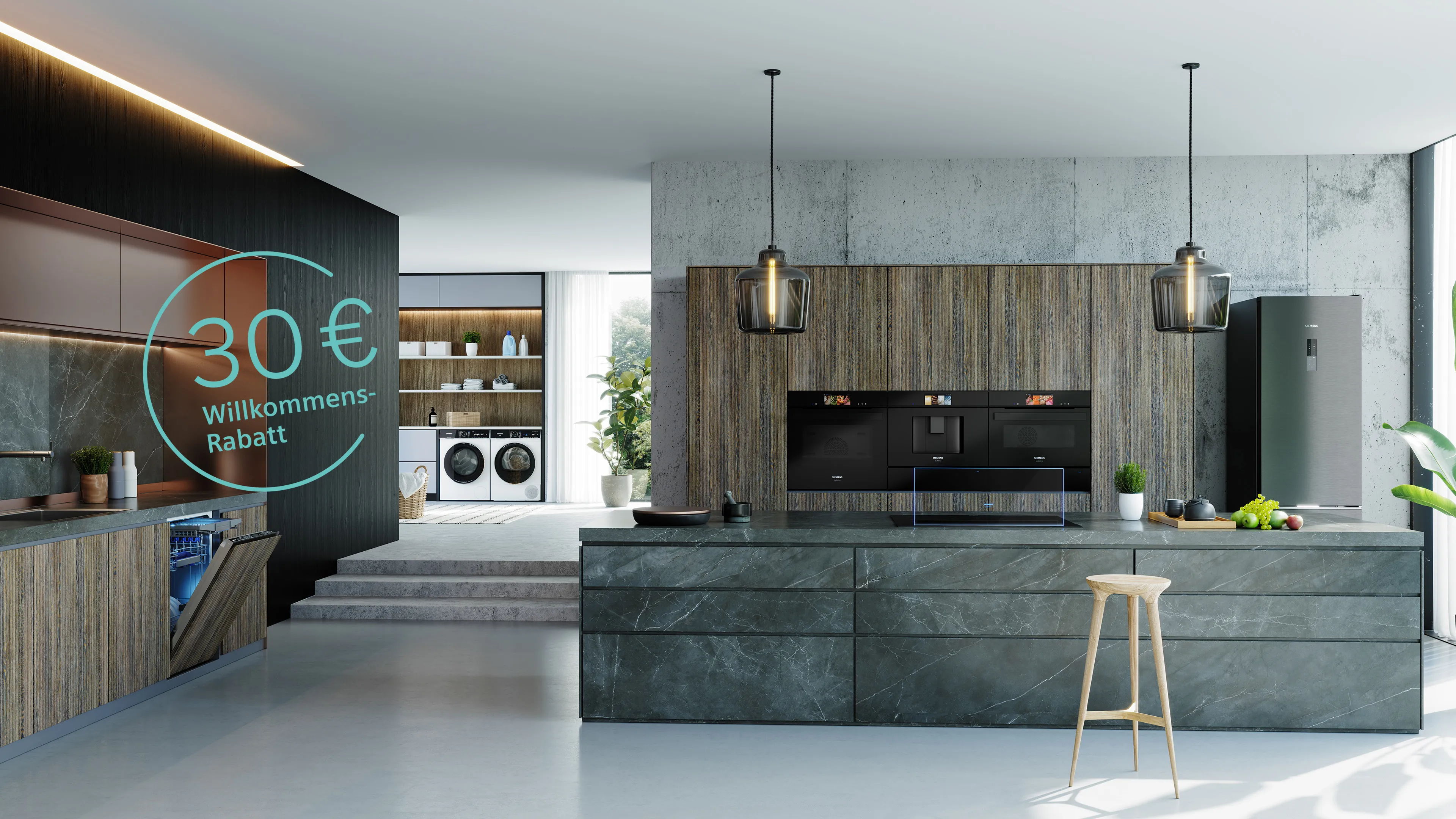Eine moderne Küche mit einer Kücheninsel aus dunklem Marmor, Holzschränken und hochwertigen Einbaugeräten. Im Vordergrund ist ein offener Geschirrspüler zu sehen, im Hintergrund ein Kühlschrank und eine Waschküche. Das Bild enthält einen grafischen Hinweis auf einen "30€ Willkommens-Rabatt".