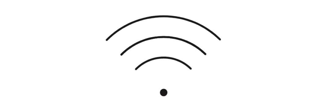 Minimalist Wi-Fi symbol with three curved lines and a dot at the center, representing wireless internet connectivity.
