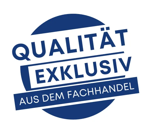 Blaues kreisförmiges Logo mit Text "Qualitat exklusiv aus dem Fachhandel".