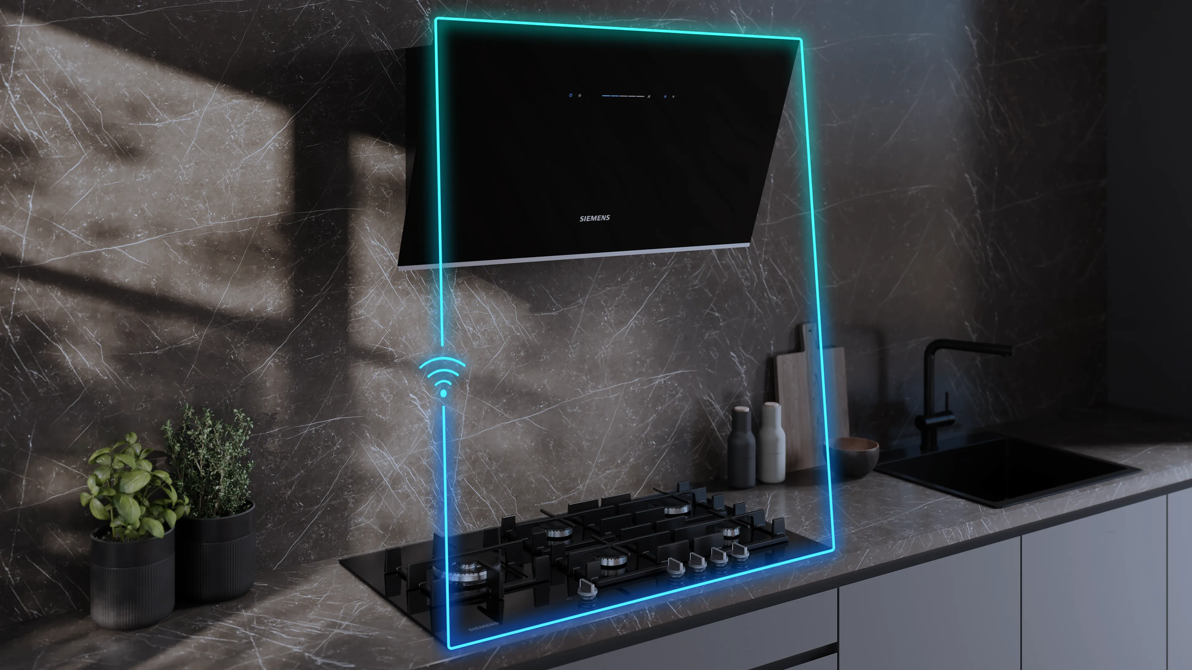 Piano cottura a gas con cappa aspirante nera e contorno luminoso azzurro in cucina moderna