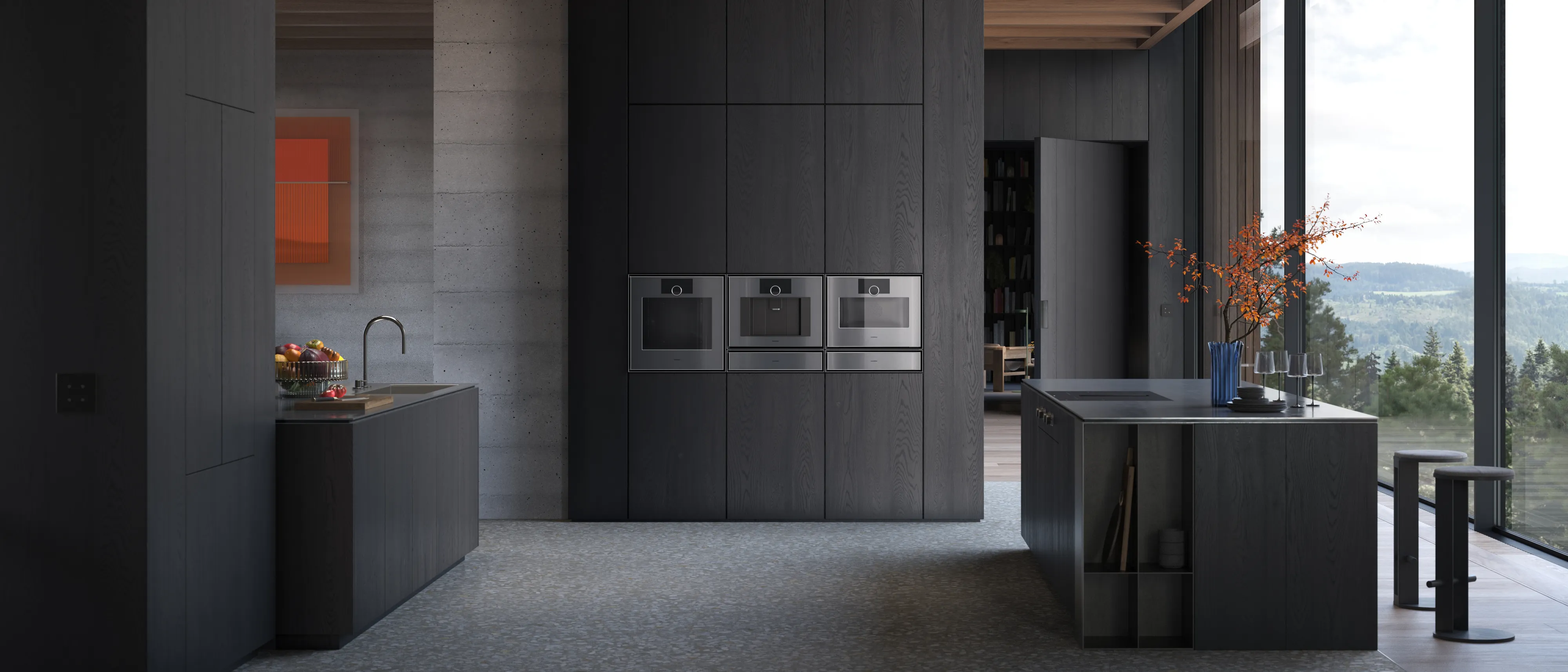 可見一座開放式格局的豪華廚房,配備 Gaggenau Expressive 系列家電。
