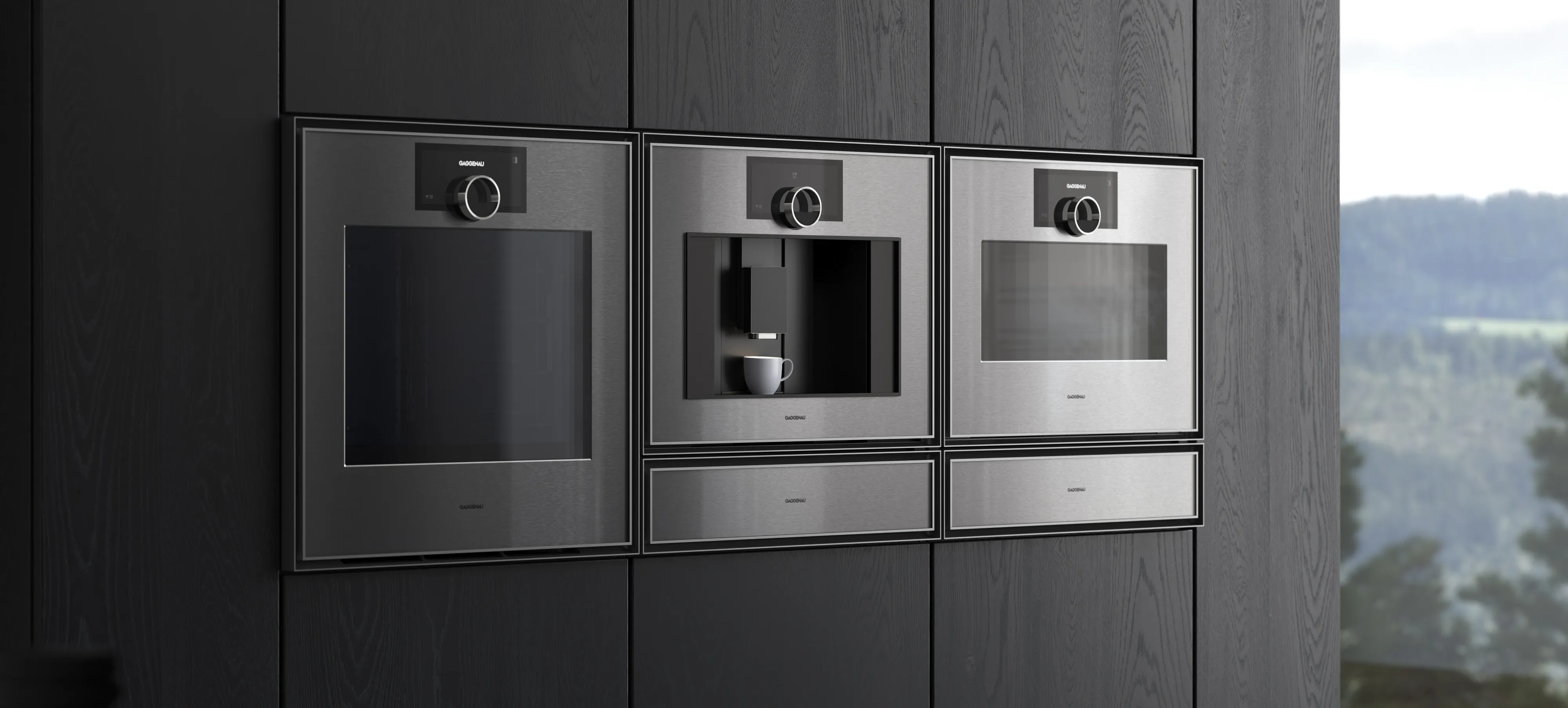 The Gaggenau Expressive series fully automatic espresso machine installed between other complimentary series appliances