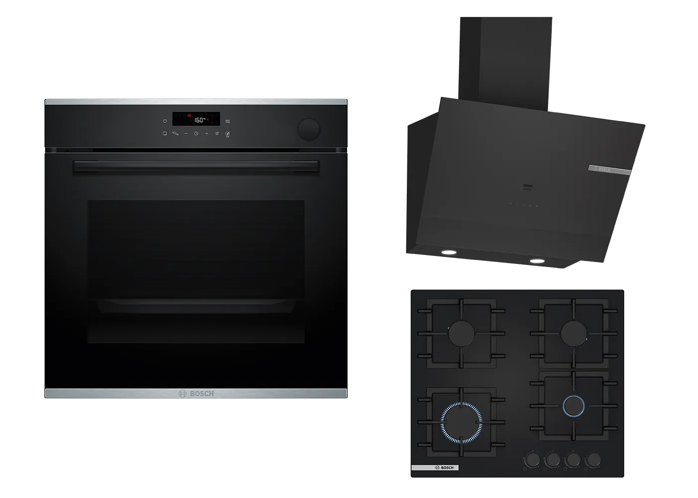 Siyah yerleşik fırın, siyah gaz aşçısı ve siyah chimney hood aletleri.