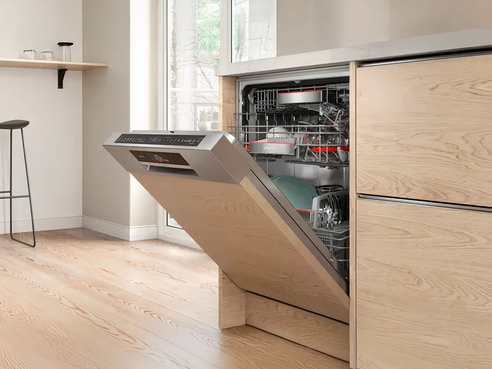 Open Bosch dishwasher integrated into wooden cabinetry with visible front controls.