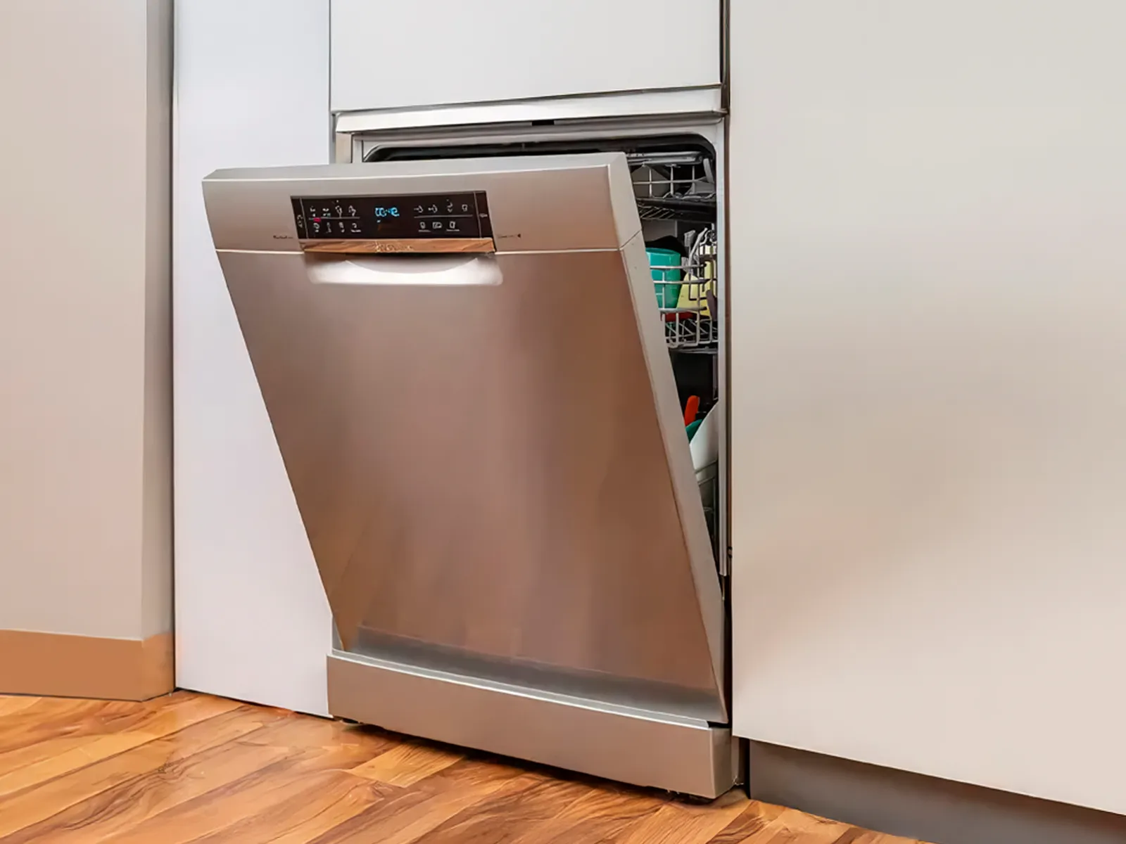 Stainless steel freestanding dishwasher with a removable top, placed in a cabinet with a visible exterior door.