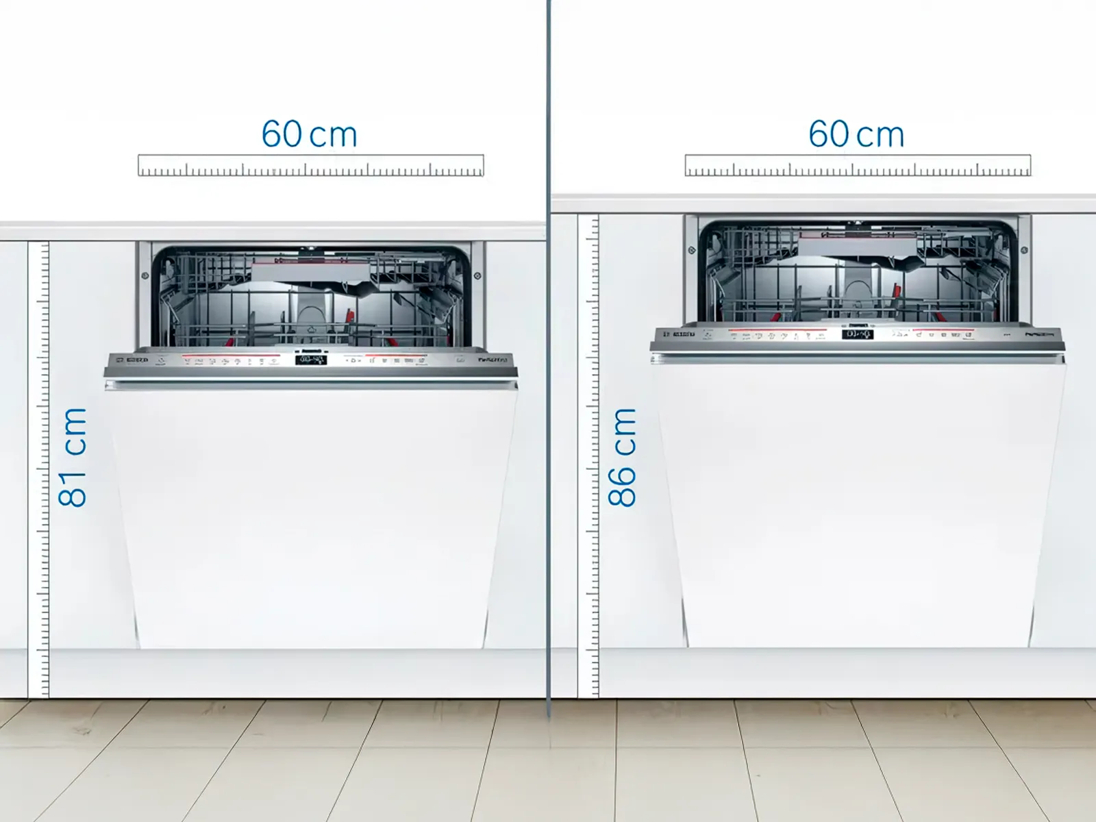 Built-in dishwashers available in two heights, standard 81 cm and tall 86 cm, to fit perfectly under any kitchen countertop.