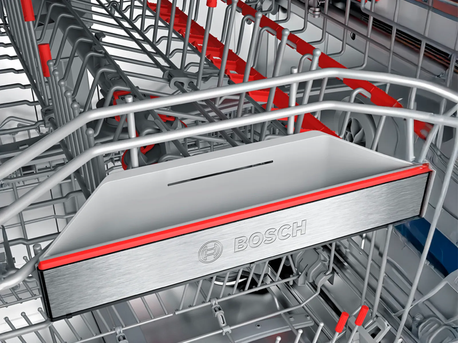 Bosch dishwasher interior showcasing innovative rack design and durable components for optimal performance.