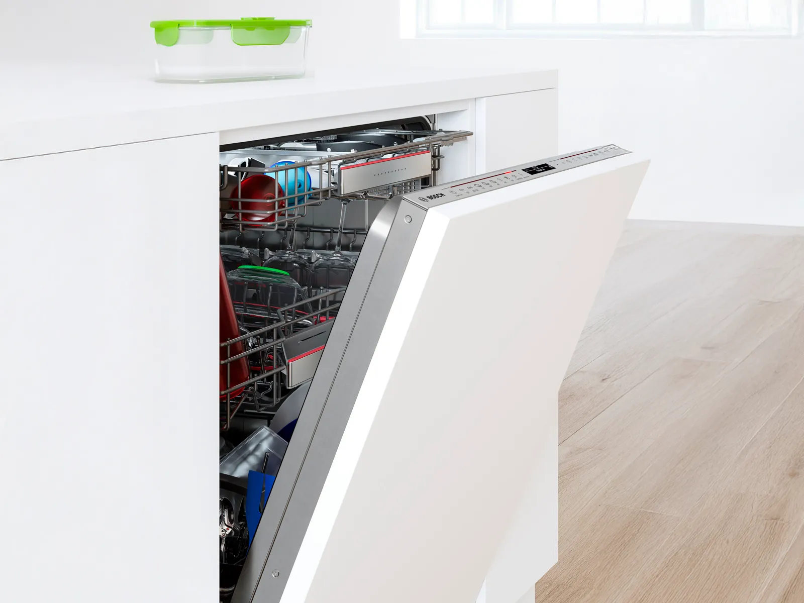 Bosch fully integrated open dishwasher with top-mounted control panel, adjustable racks, and advanced cleaning features.