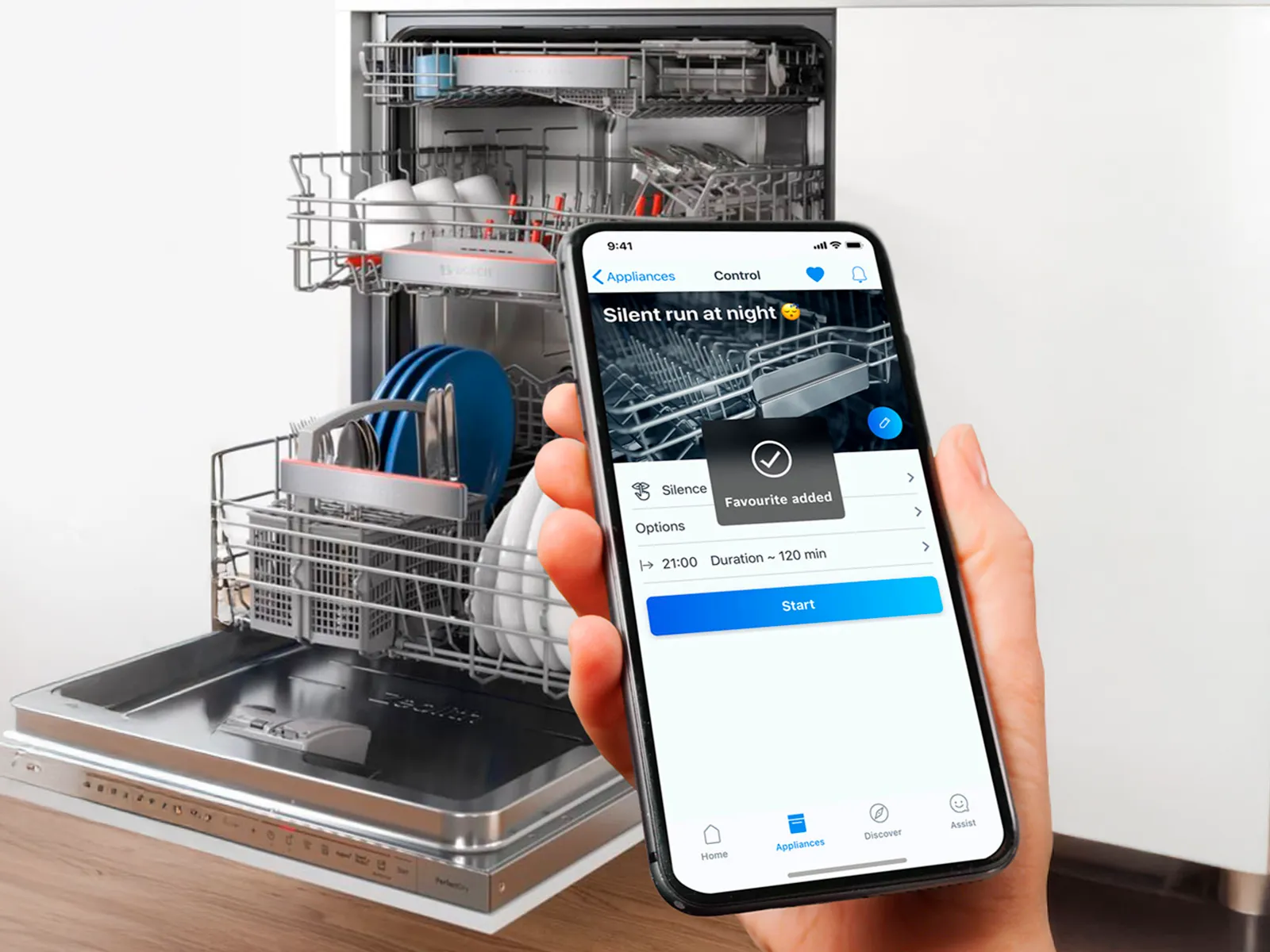 Bosch dishwasher paired with the smartphone app, showcasing smart home connectivity for remote control and customisation.