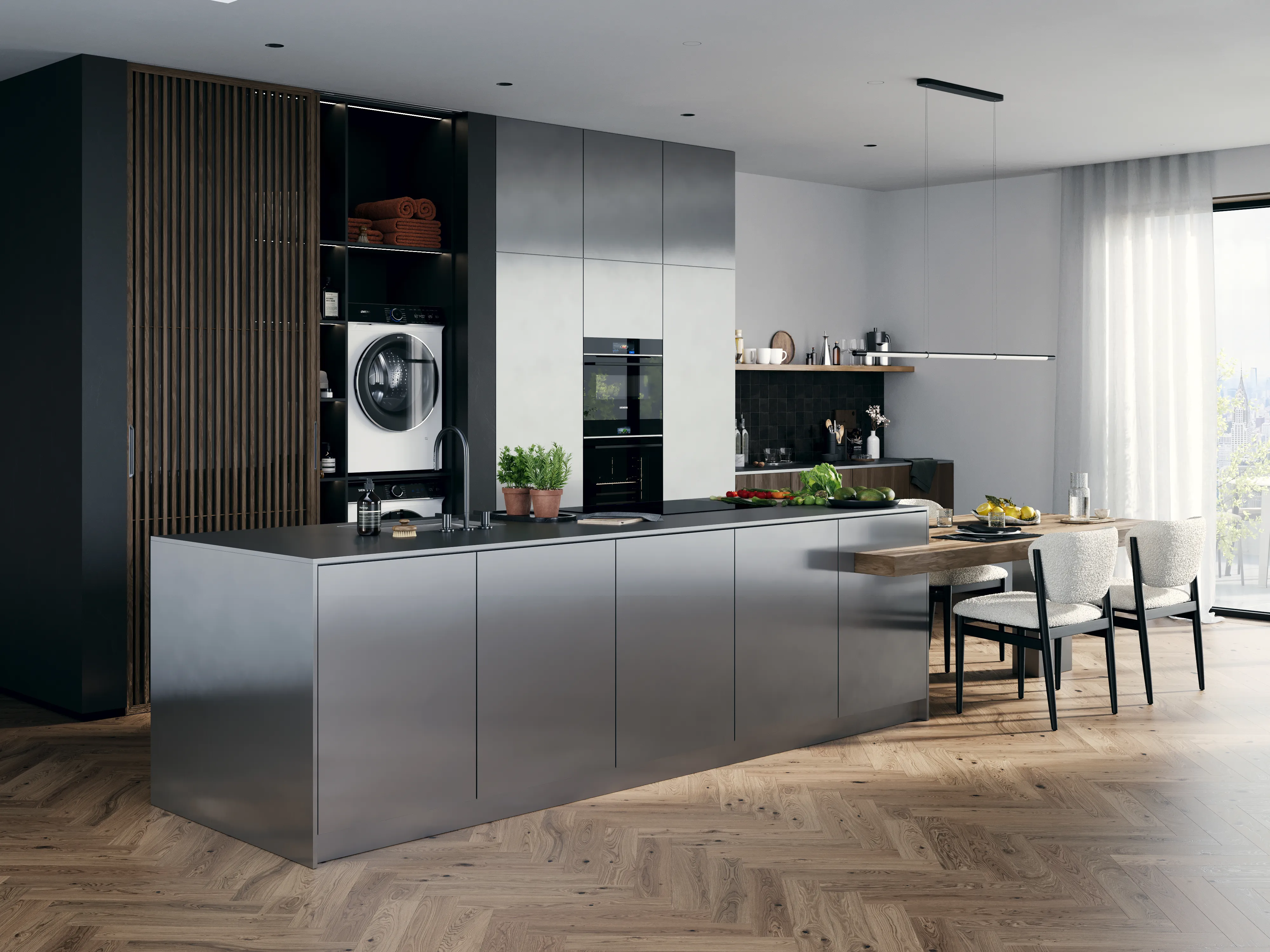 Sleek modern kitchen featuring a dark island, built-in appliances, and large windows with soft curtains allowing natural light.