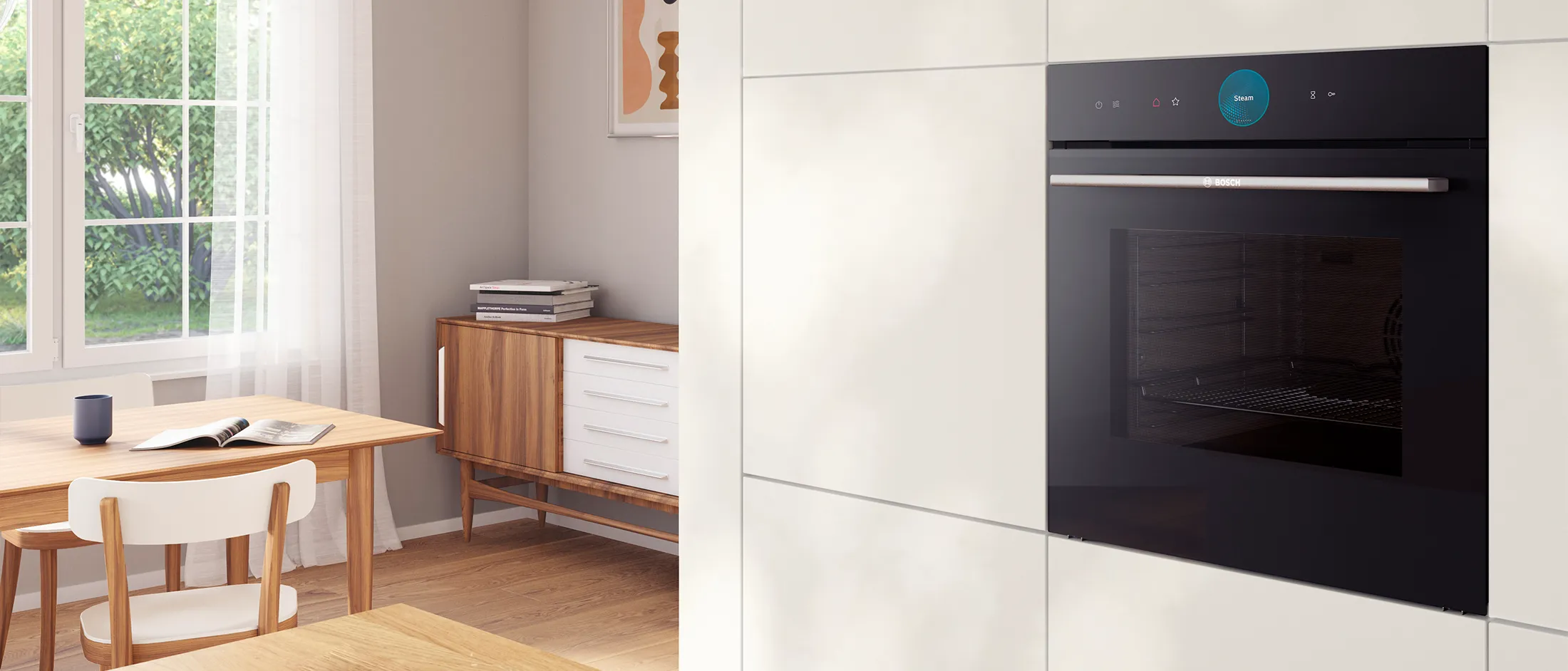 Forno a vapor de integrar numa cozinha branca.