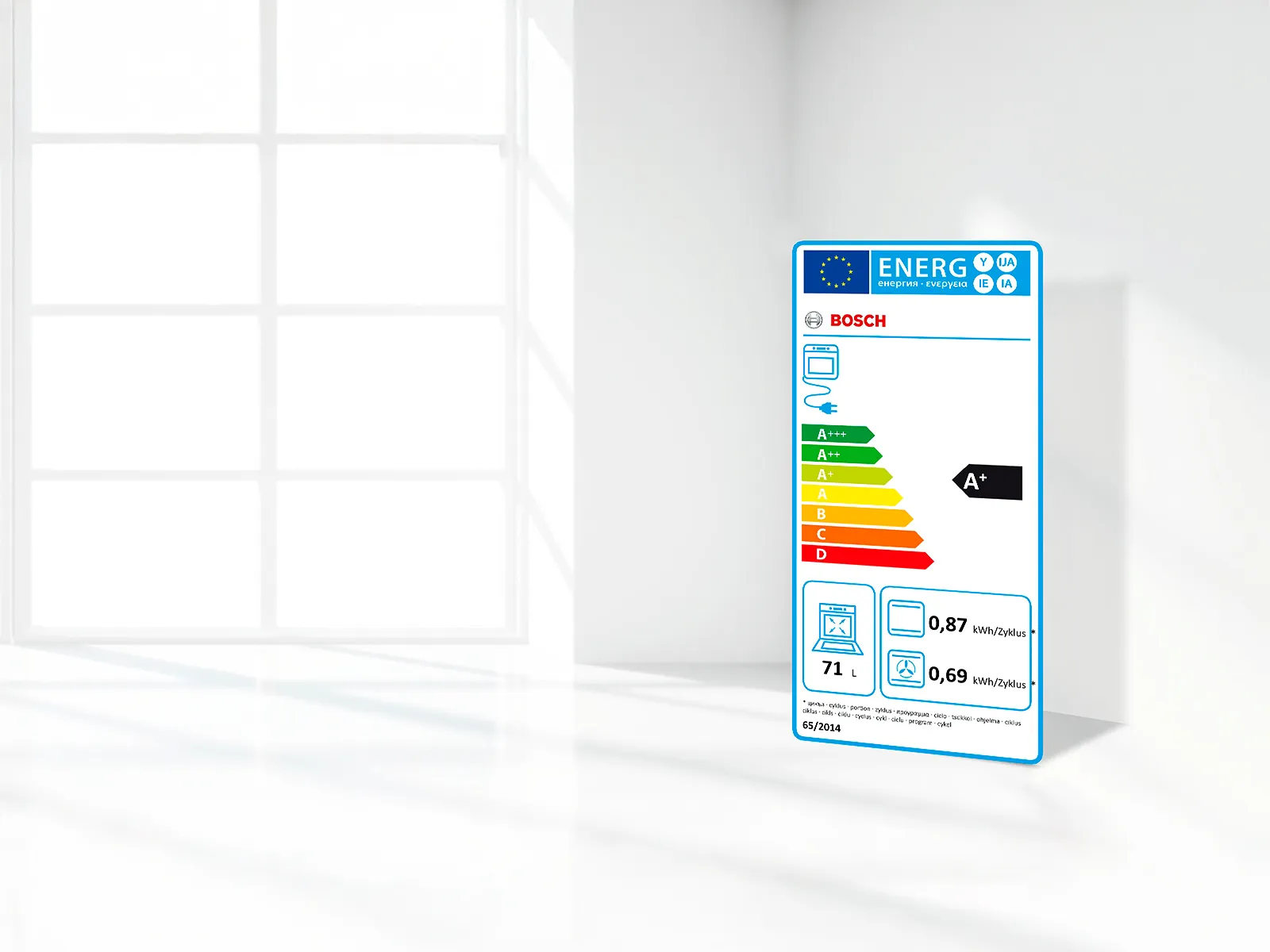 A+ rated energy label for a Bosch microwave oven detailing electricity consumption and capacity.