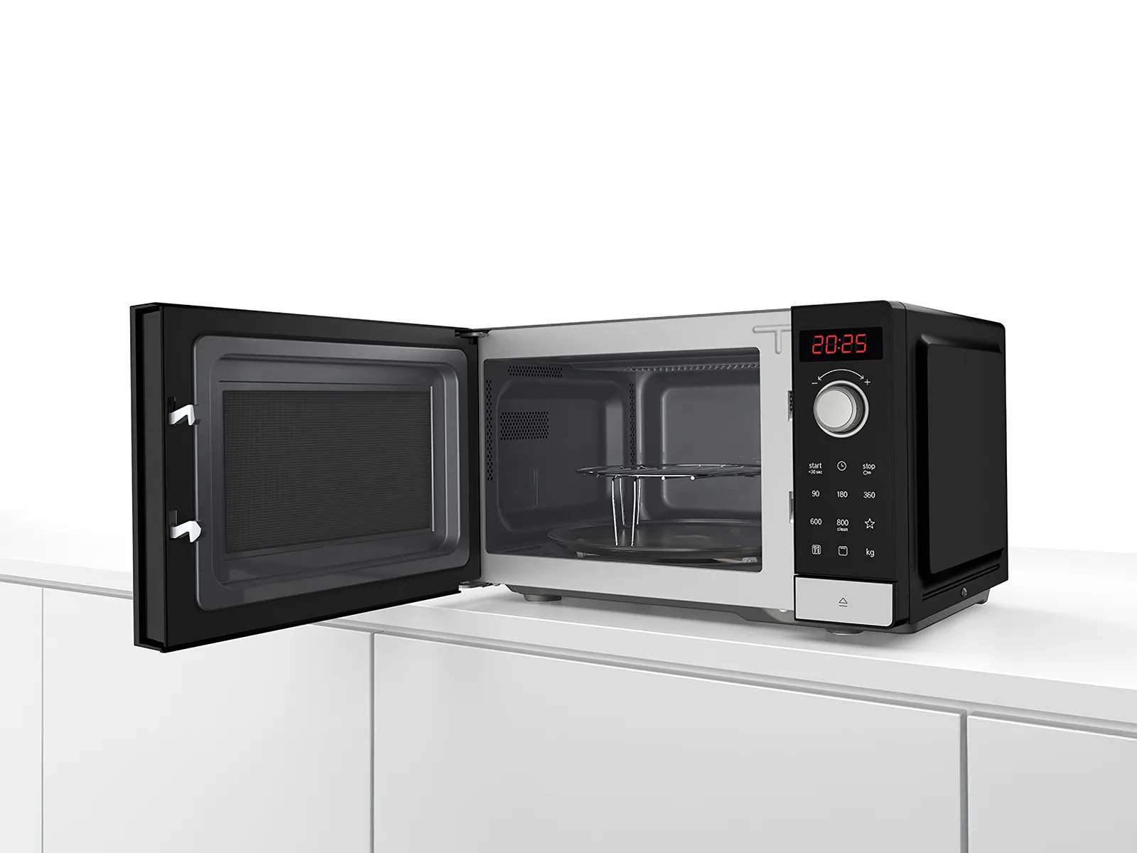 Microwave with grill and automatic settings, offering convenience with special defrost programmes for various food types.