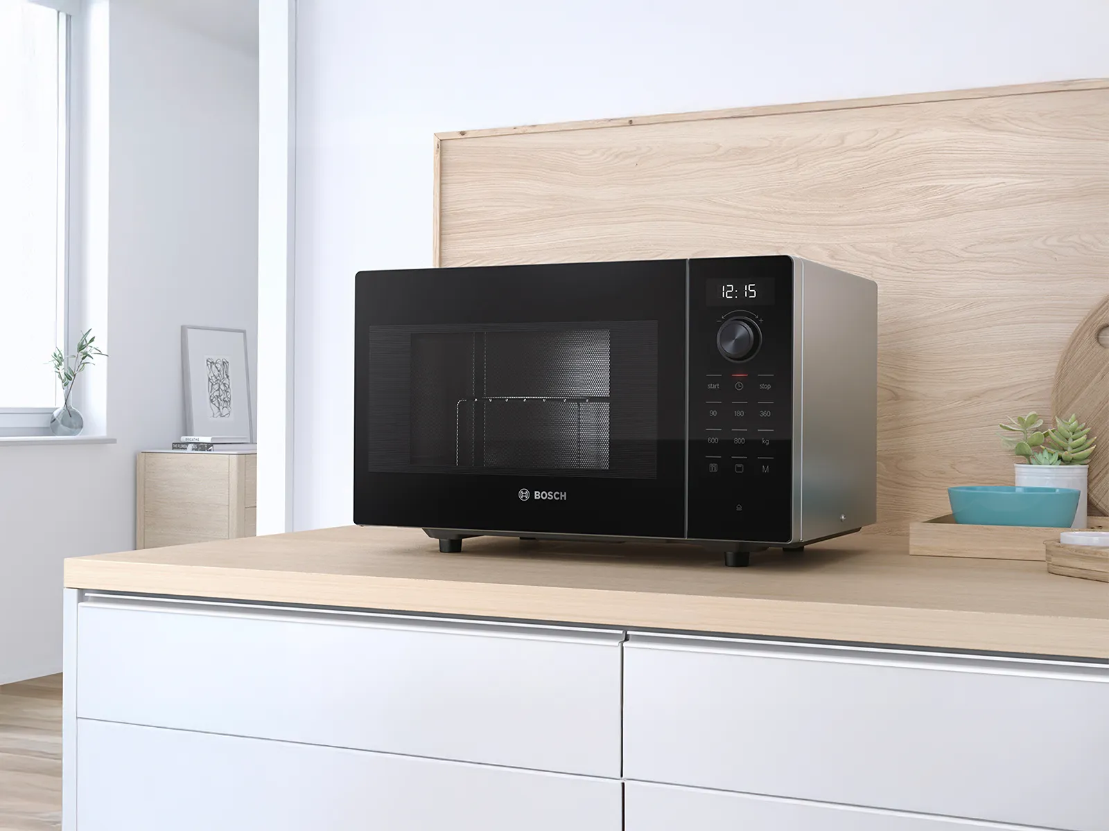 Modern Bosch freestanding black microwave, offering various dimensions and capacities to suit your space and cooking needs.