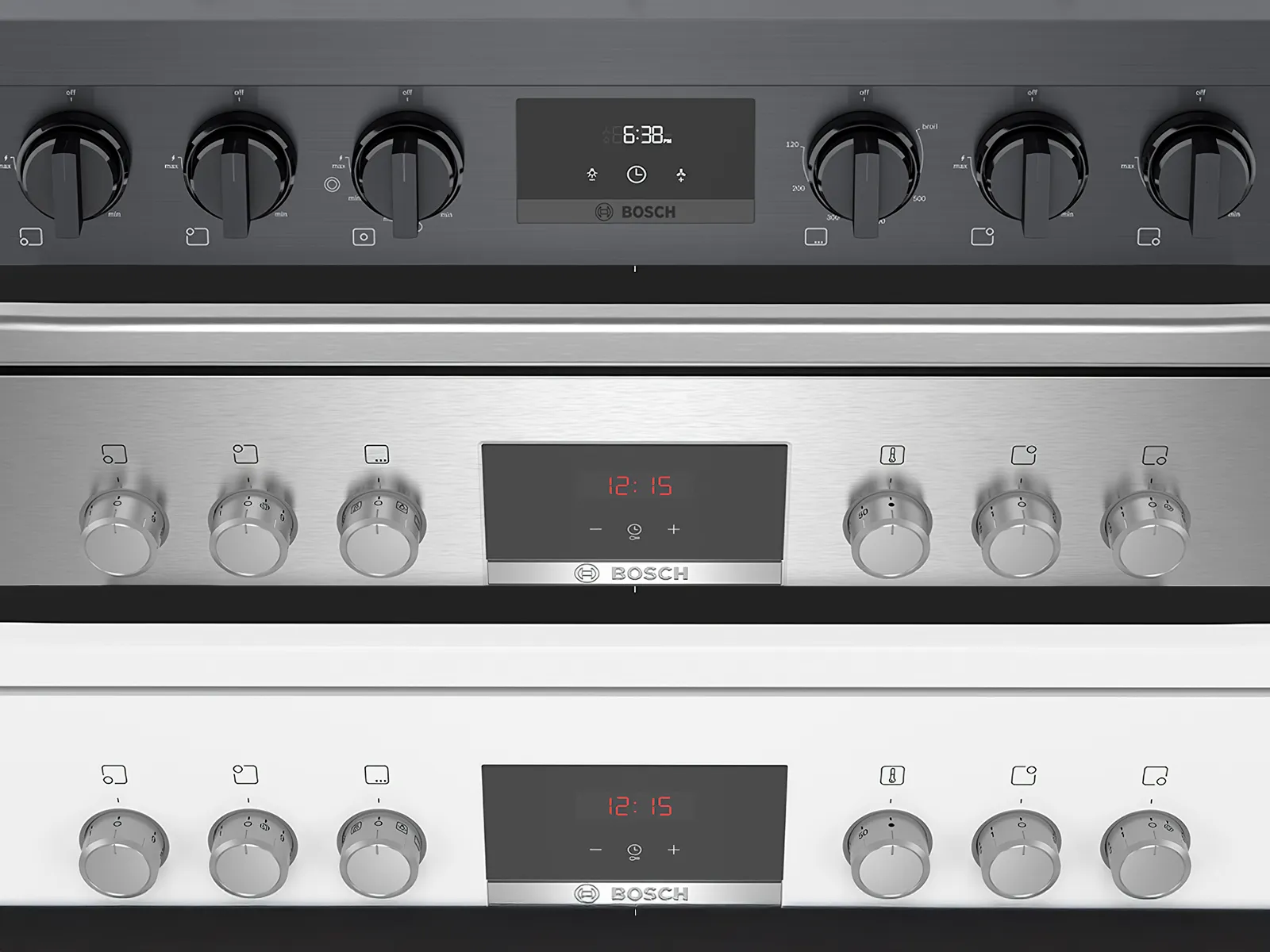 Bosch freestanding cooker control panels in three finishes: black, stainless steel, and white, offering style options.