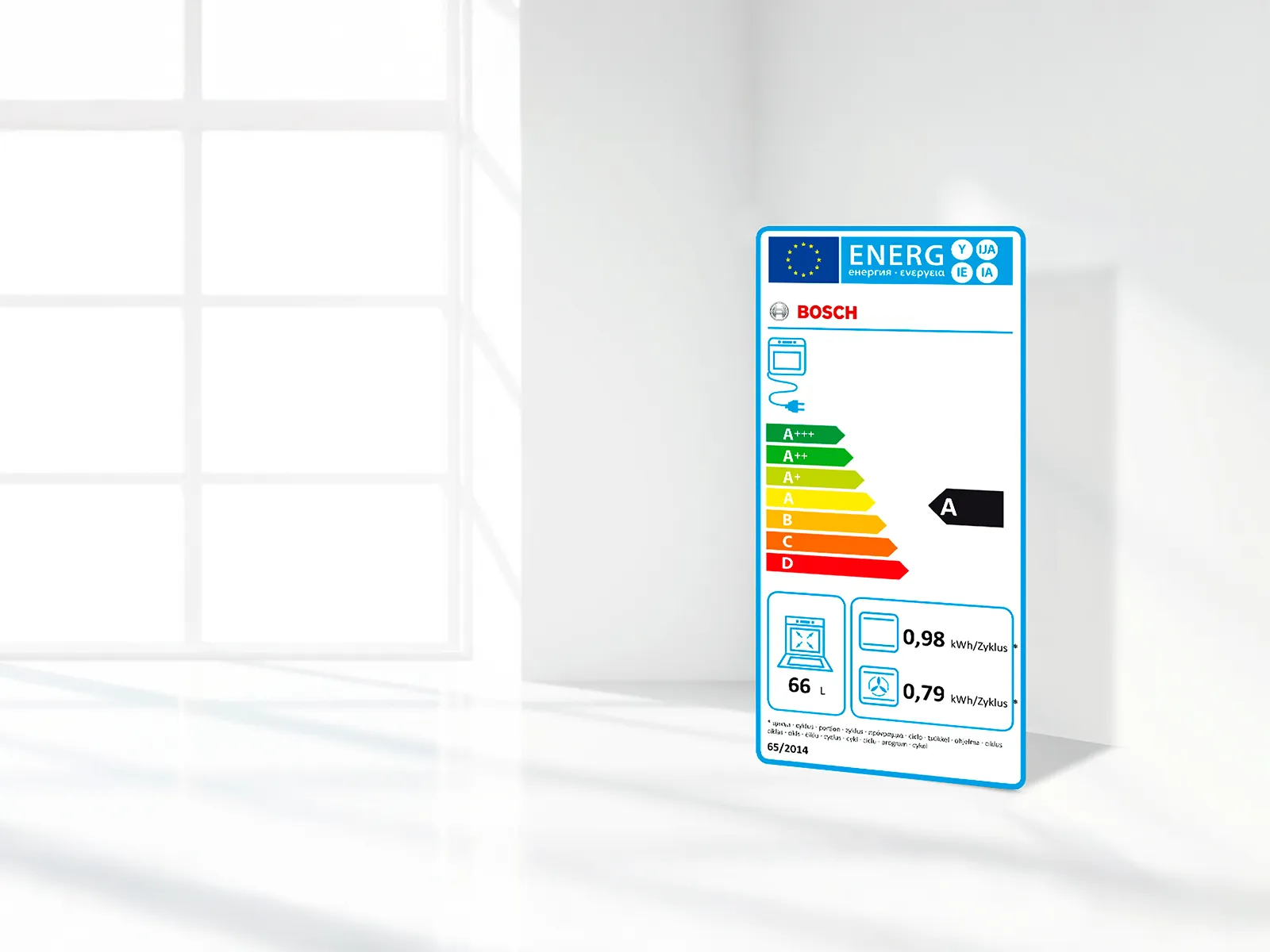 A+ rated energy label for a Bosch freestanding cookers detailing electricity consumption and capacity.
