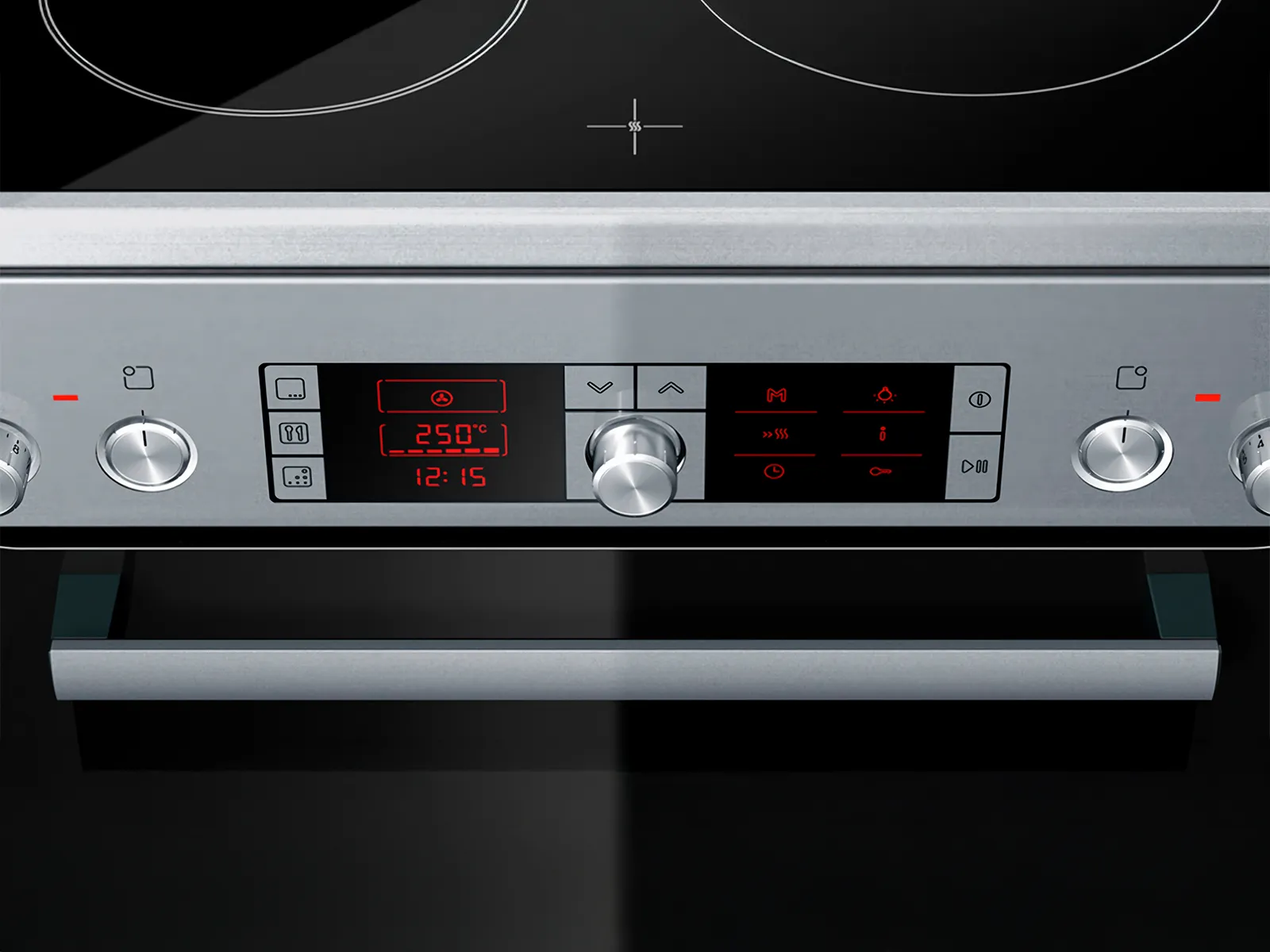 Close-up of Bosch freestanding cooker control panel with digital display, highlighting the variety of heating modes.