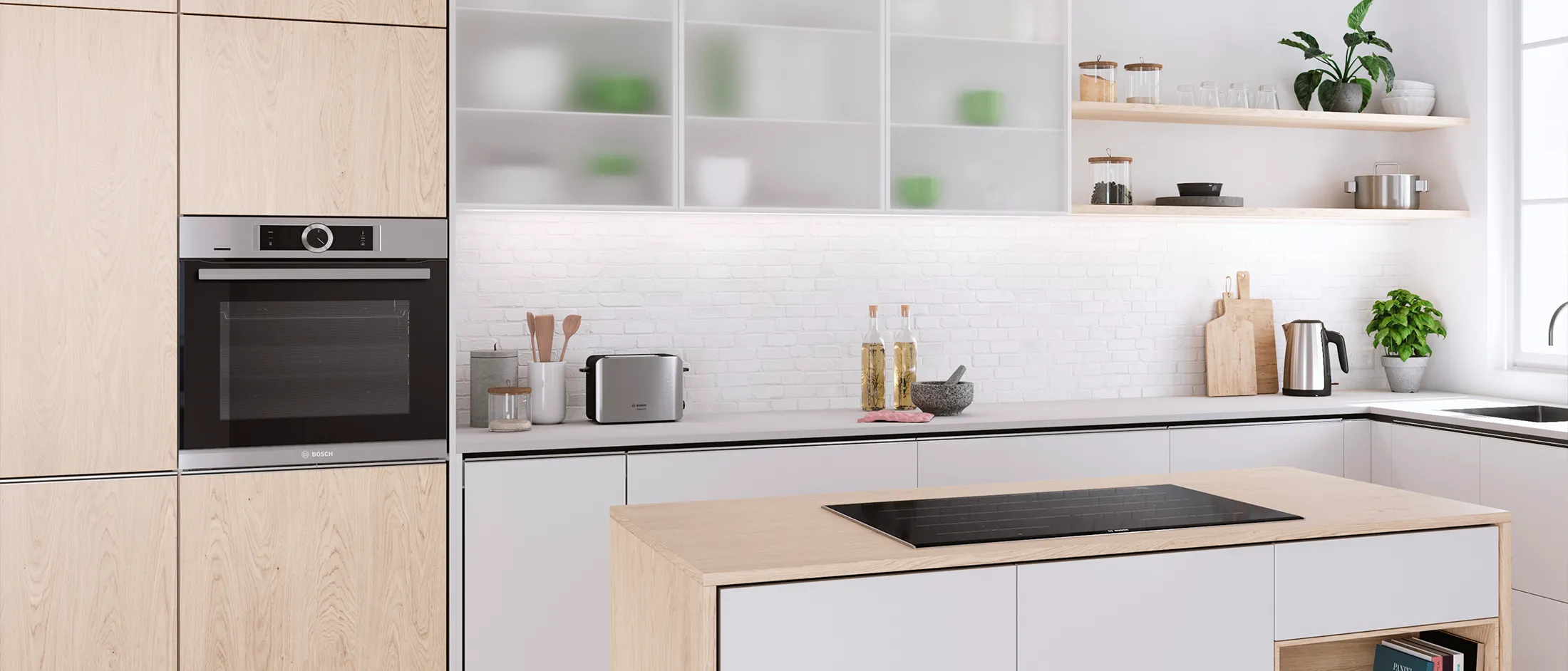 Uma cozinha moderna com um forno embutido Bosch, armários minimalistas em madeira e uma ampla placa de indução na ilha.