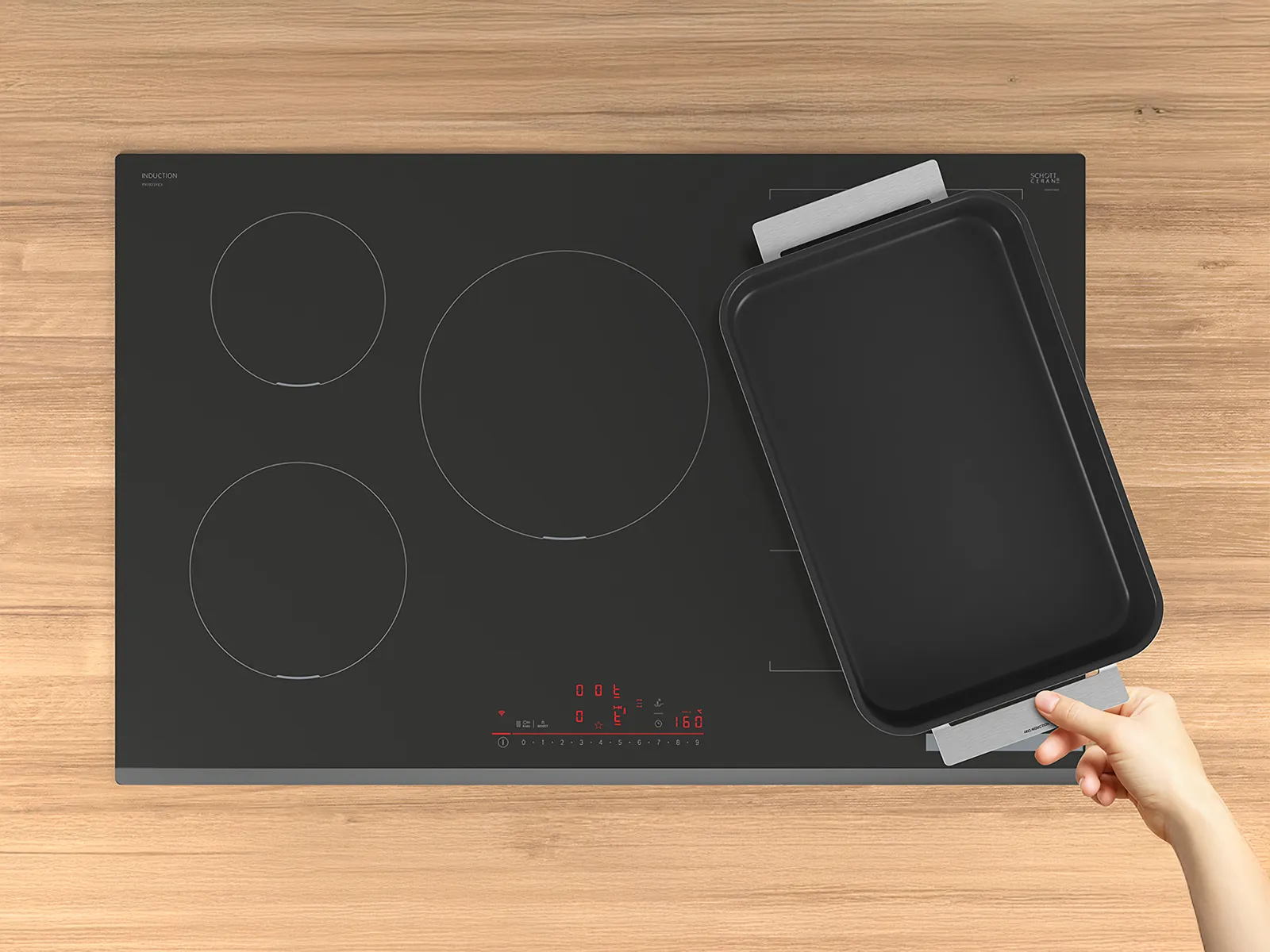 A large roasting pan on a Bosch induction hob with combined cooking zones for maximum flexibility and versatility.