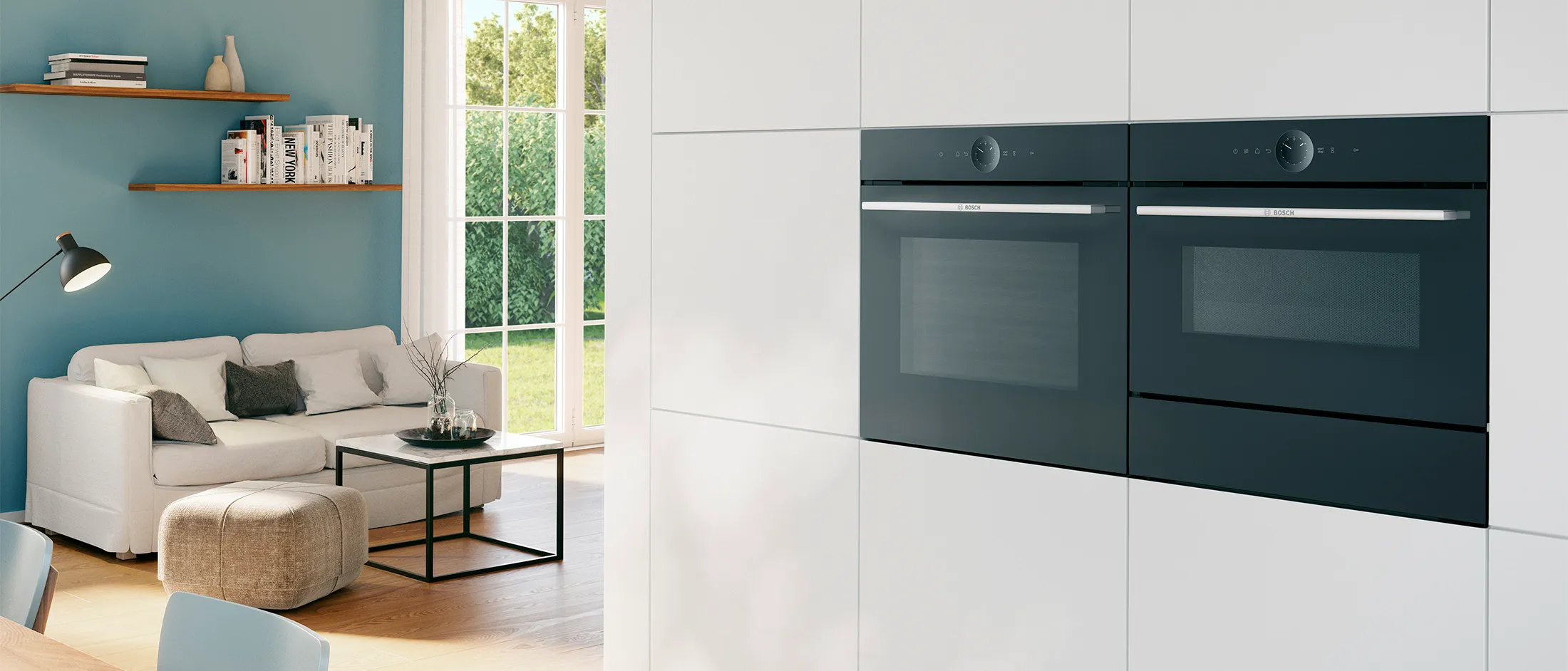 Um forno e microondas num ambiente moderno.
