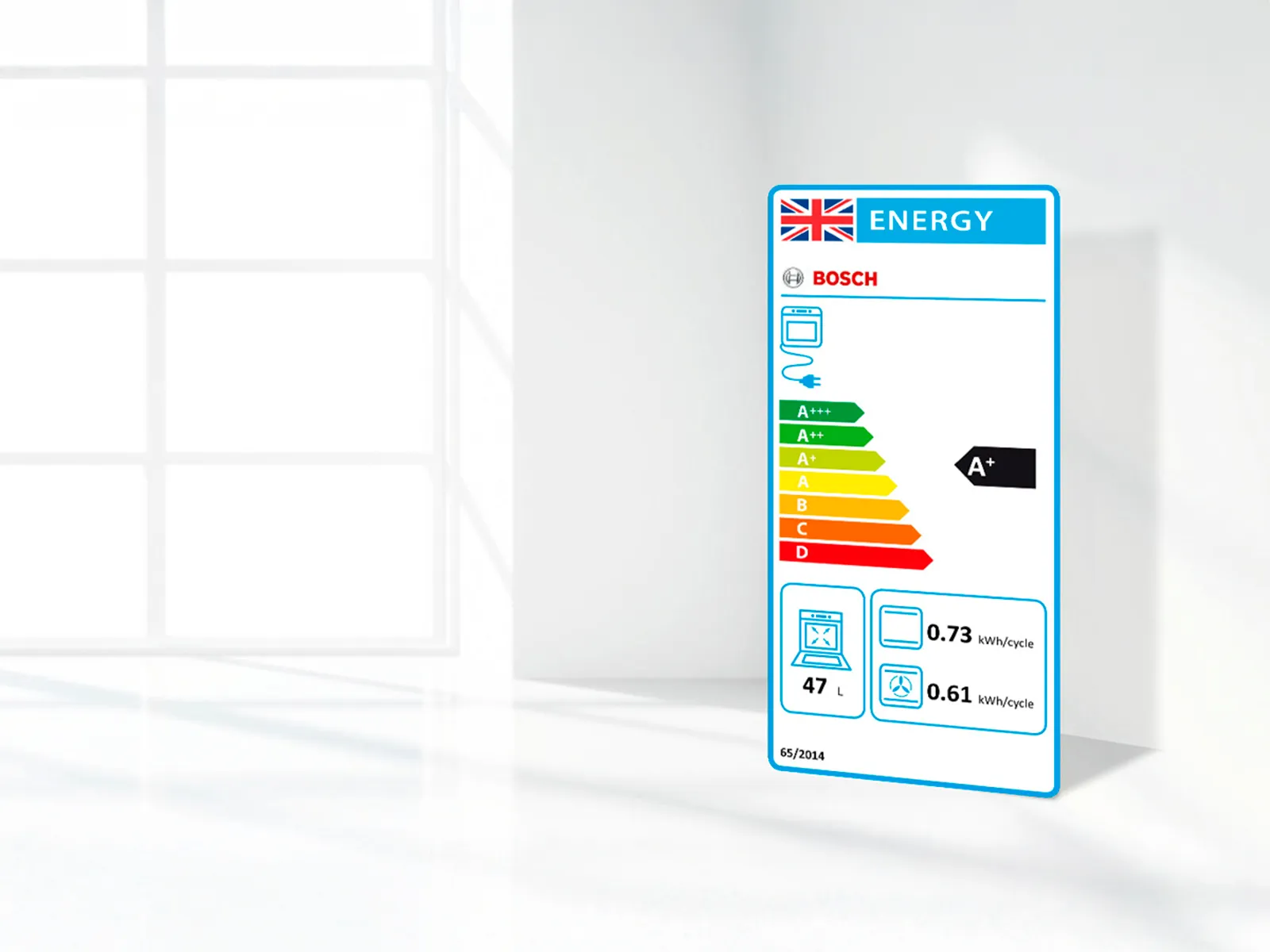 Etichetă energetică A+ pentru un cuptor Bosch, care detaliază consumul de energie electrică și capacitatea.