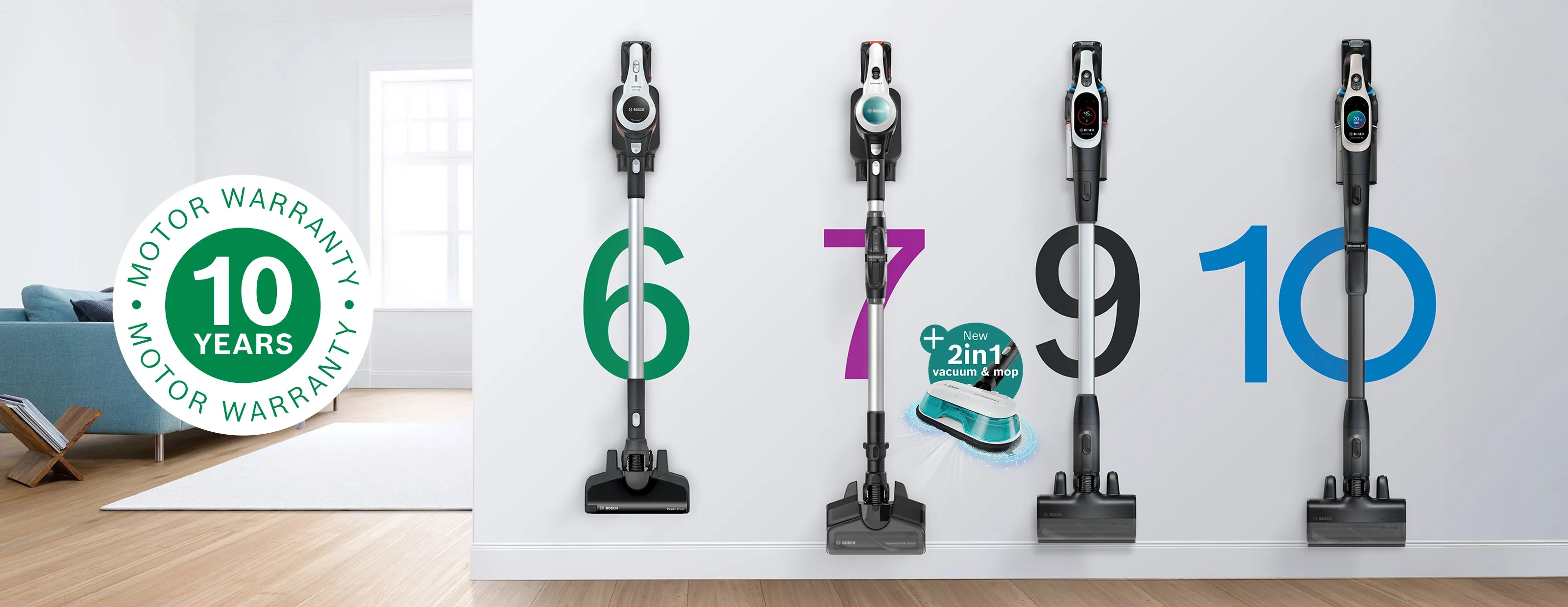 Two sleek stick vacuums hang on a light wall, adjacent to a stylish sofa, decorative plant, and a modern coffee table.