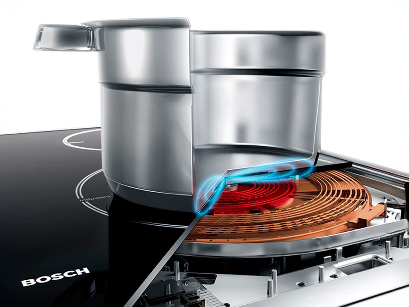 Close-up of a Bosch induction hob with a saucepan, showing the heat source and technology beneath the smooth glass surface. 