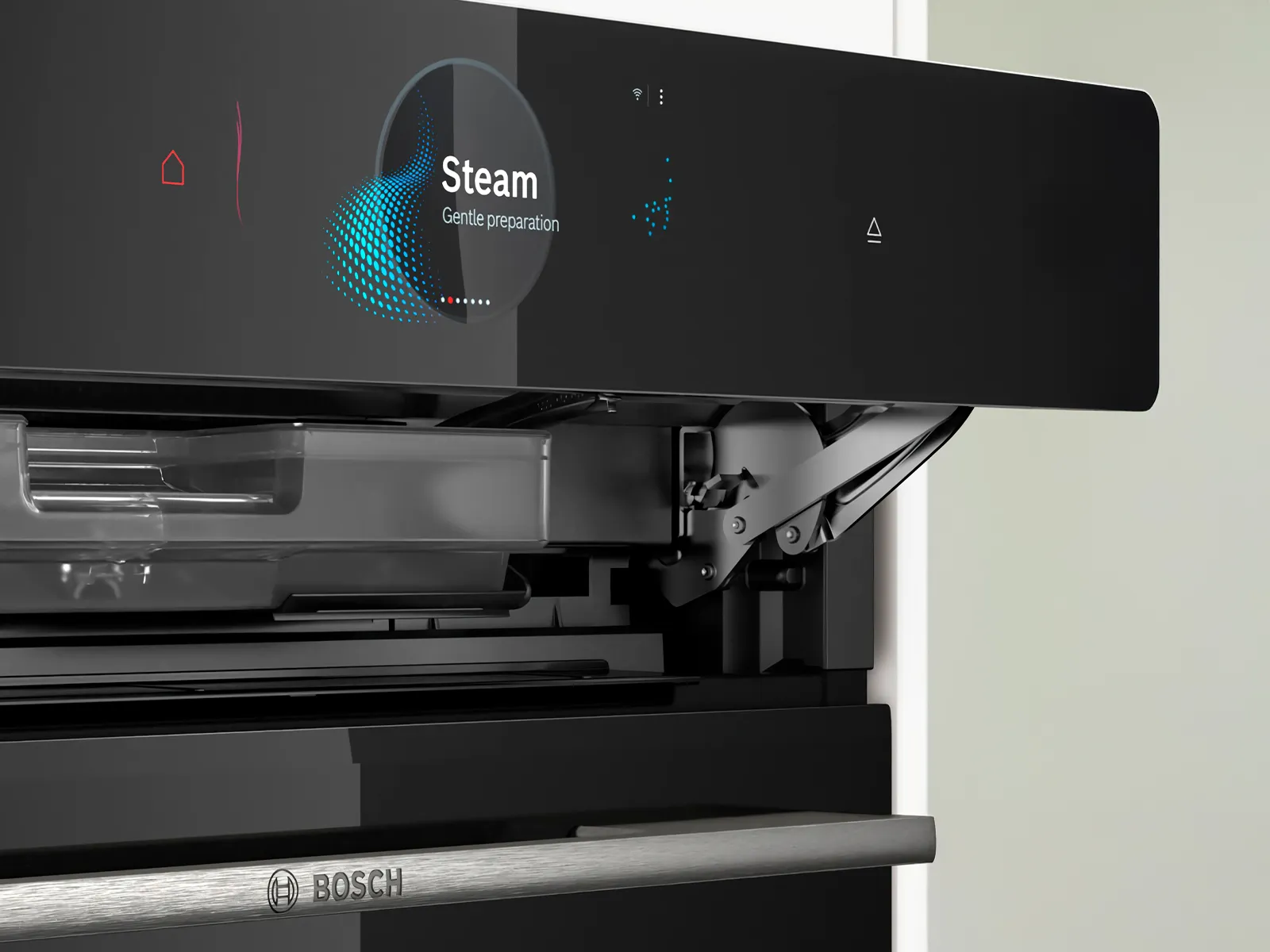 Un cuptor Bosch modern, deschis, cu afișaj digital care afișează funcția de gătit la aburi.