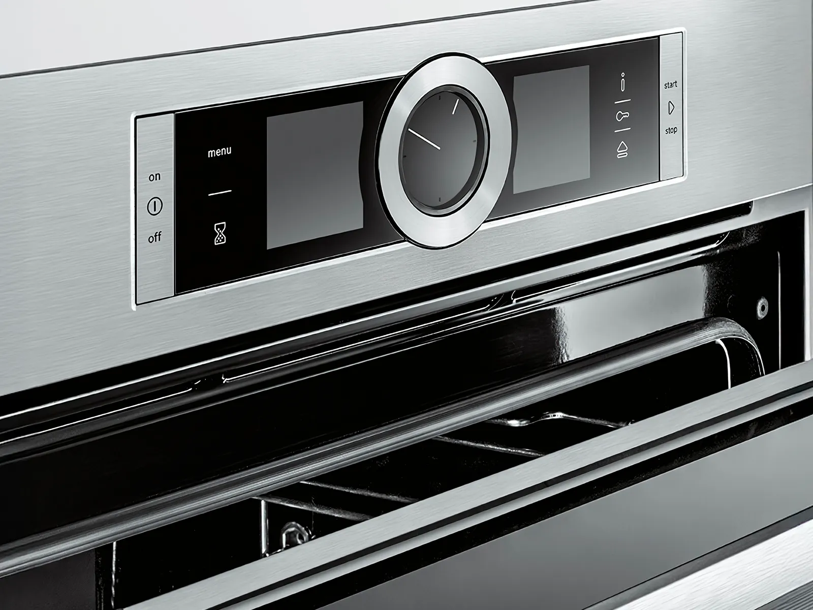 Bosch oven with digital controls and open door, showcasing stainless steel exterior.