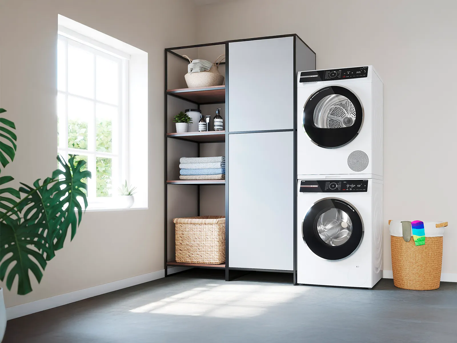 A dryer stacked on a washing machine in a bathroom and dressing area.