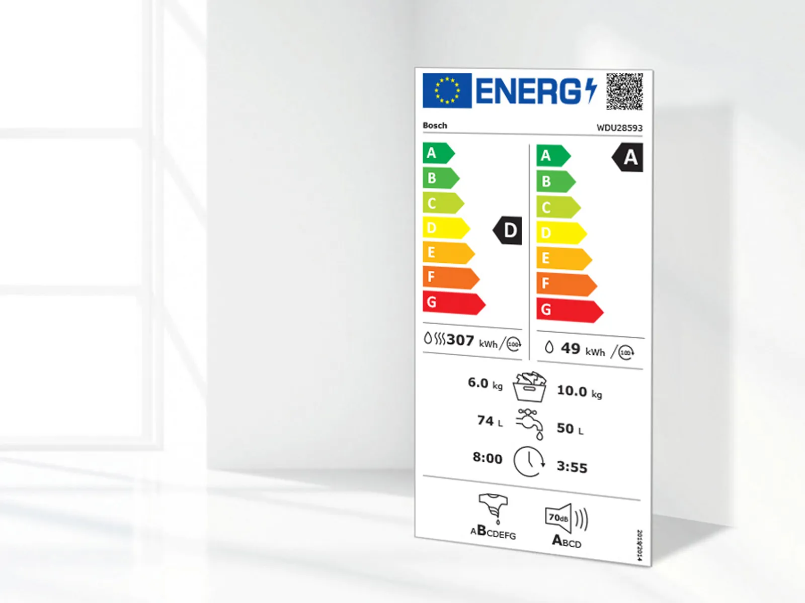 A double energy efficiency label for a washer dryer.