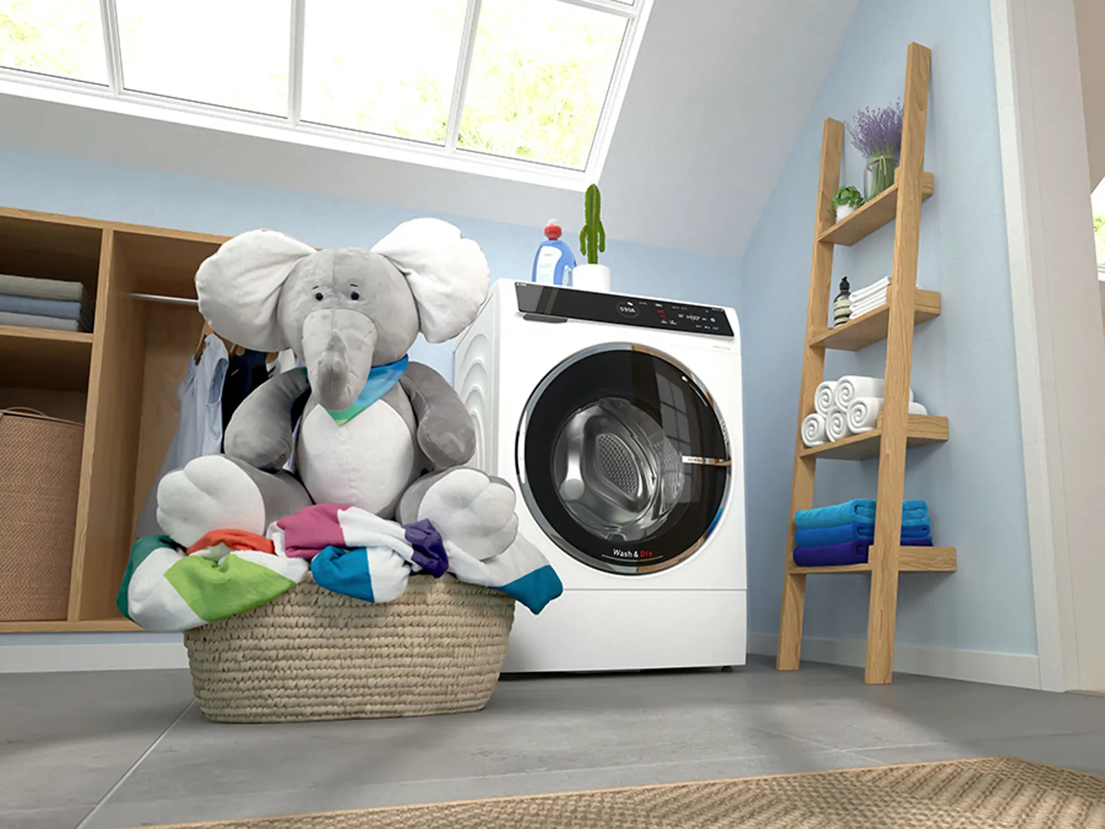 A huge stuffed elephant sits in a laundry basket and in the background a washer dryer appears.