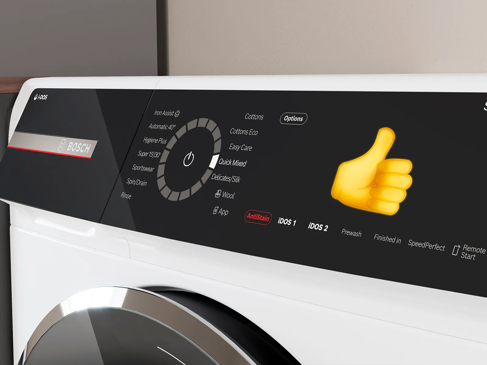 Kontrollpanel till en Bosch tvättmaskin som visar en centrifugeringshastighet på 400 rpm och flera tvättprogram.