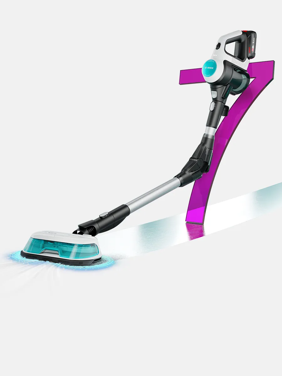 Elegantní čisticí zařízení Bosch stojí vedle výrazného fialového čísla 7, což zdůrazňuje jeho inovativní design a účinnost.