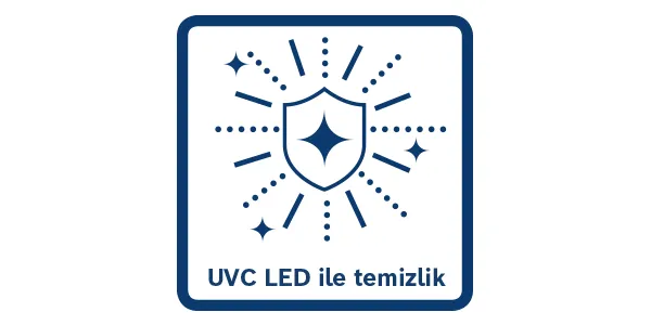 Mavi meydan simgesi kalkan ve radiating hatlarıyla, metin "UVC LED ile temizlik" (UVC LED ile Temizlenme).