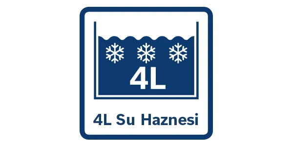 Görüntü, karflake i ile mavi bir meydan gösterir ve "4L Su Haznesi", kış kullanımı için 4 litre su konteynerini ifade eder.