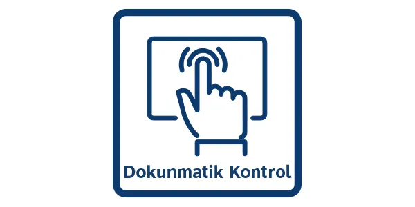 Görüntü, bir el dokunaklı bir ekran tasvir eden mavi bir simge gösteriyor, metin "Dokunmatik Kontrol" ( Ekran Kontrolü) aşağıda yazılmıştır.