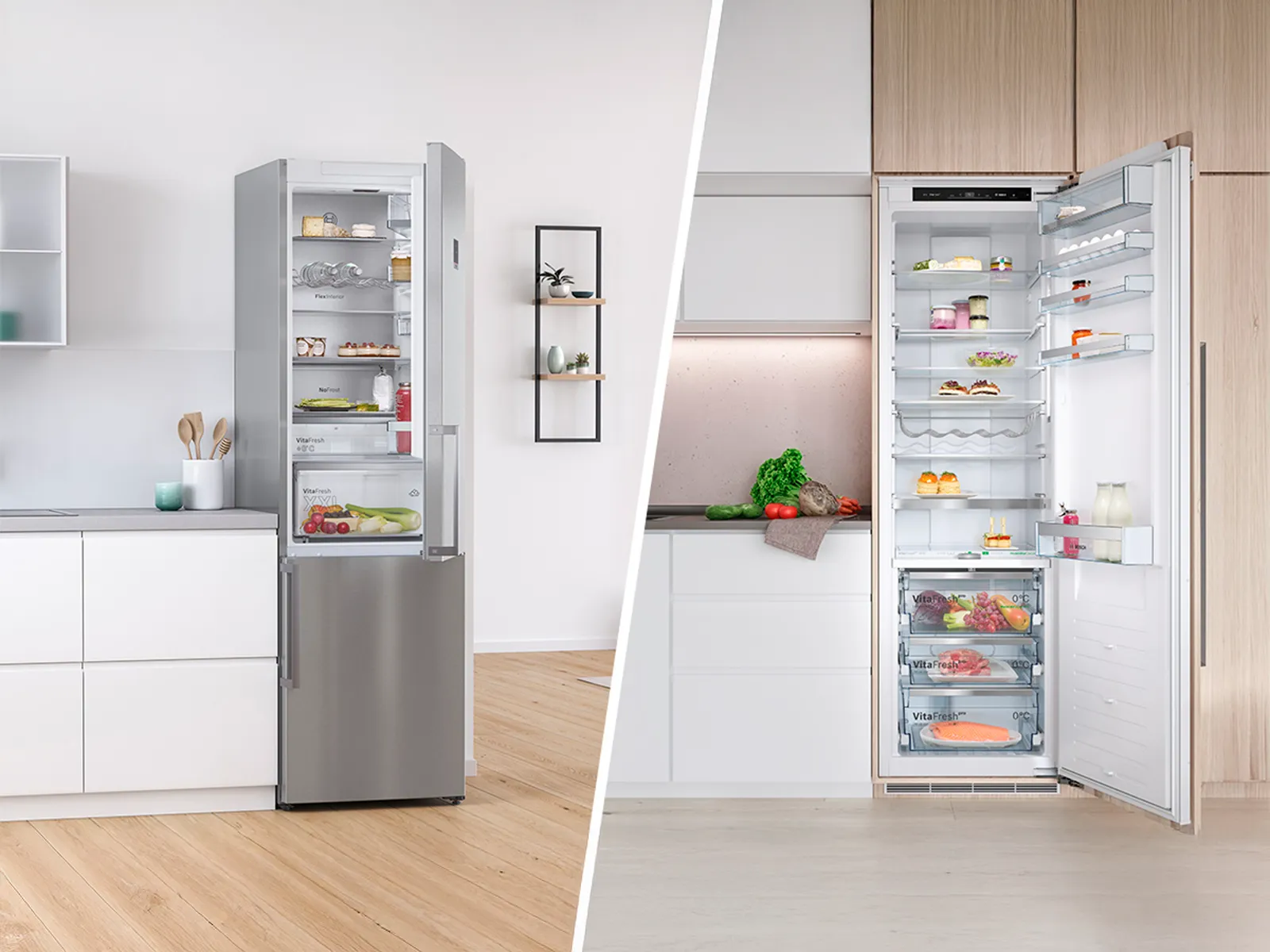 E moderner Kühlschrank mit eim Edelstahl-Finish, wo sauber organischi Lebensmittel und frisch Produkti drinn zeiget.